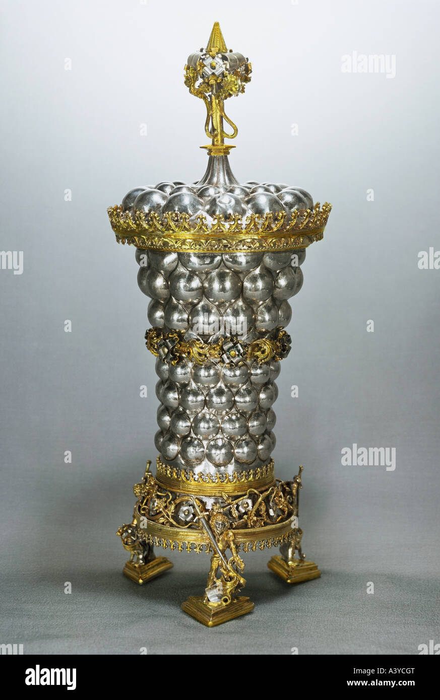 fine arts, vessel, drinking vessel, boss goblet, silver of Ingolstadt city council, circa 1480, gilded silver, Bavarian National Stock Photo