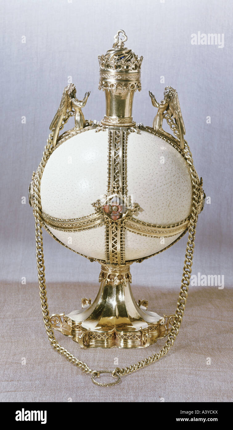 fine arts, vessel, pomp vessel, Germany / France, circa 1410 / 1420, ostrich egg, gilded silber, Treasure Chamber of the Residen Stock Photo