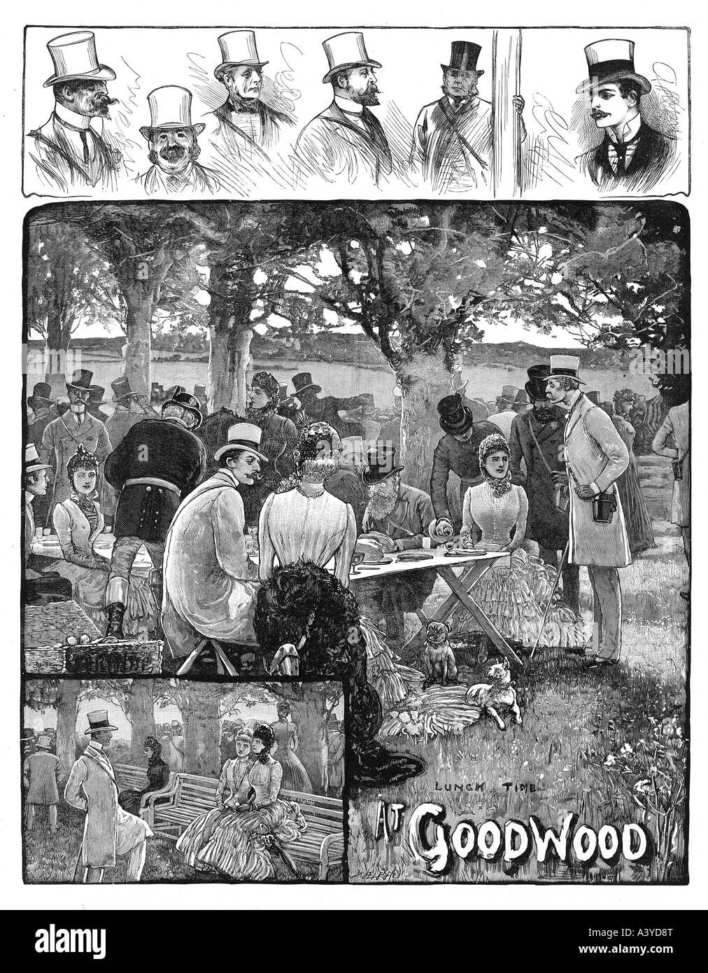 Lunch At Goodwood engraving of a break from the horses at the fashionable Sussex race meeting in 1884 Stock Photo