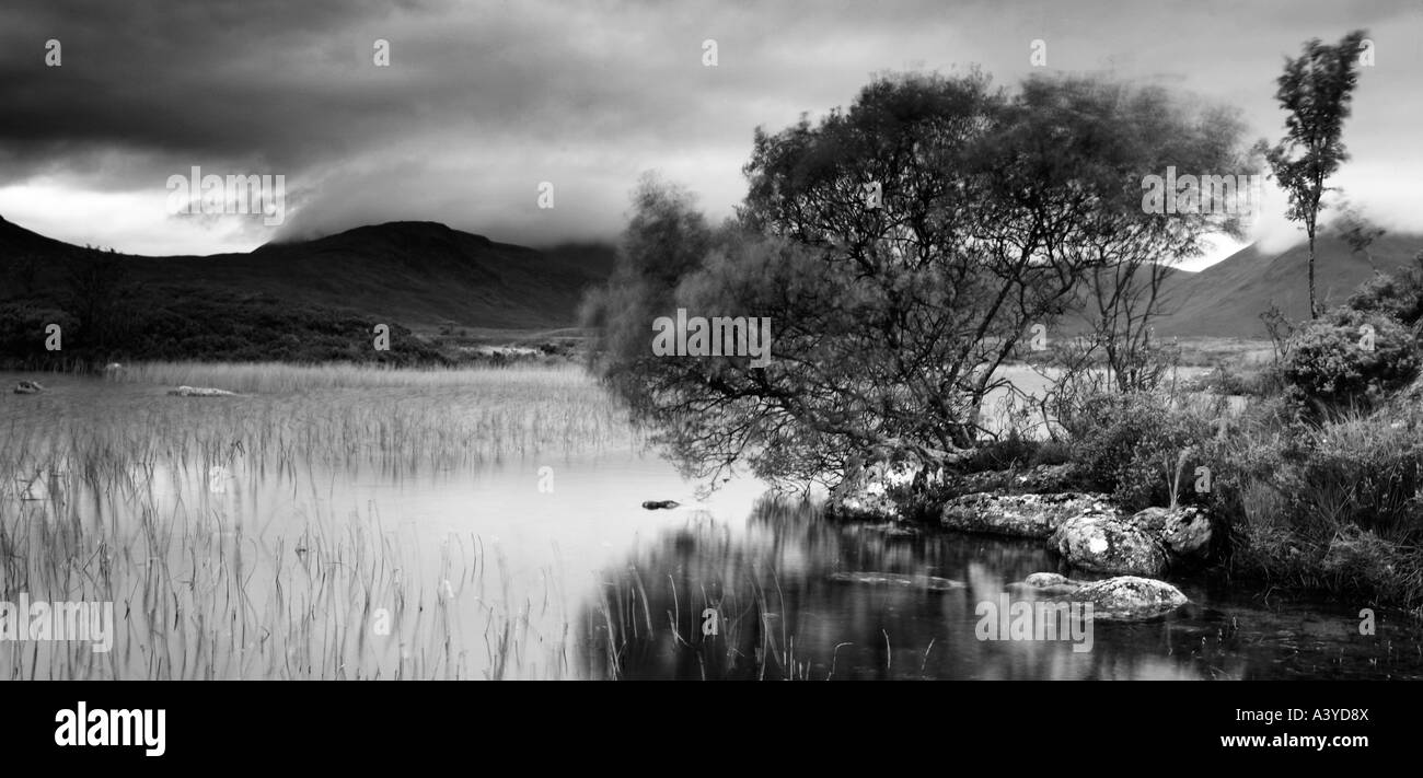 Black and white panoramic image of Loch Ba, Rannoch Moor in the Scottish highlands shrouded by moody grey skies. Stock Photo