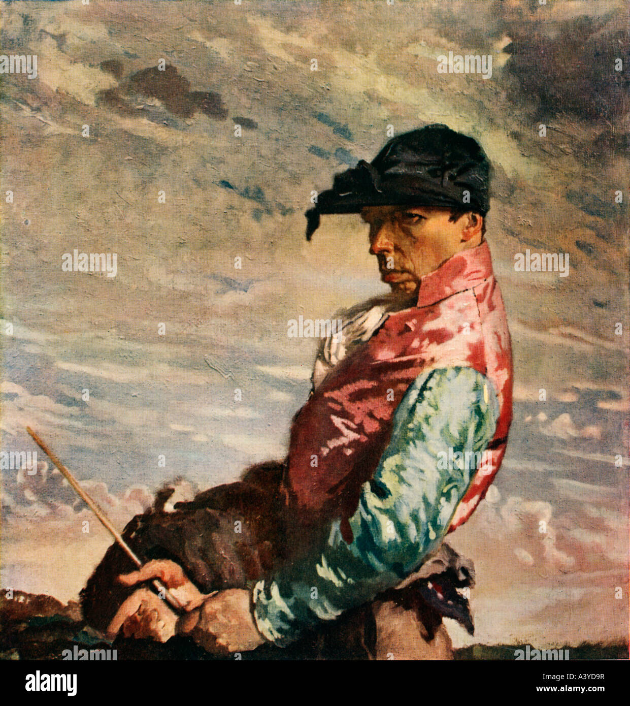 Jockey Edwardian painting by the famous Irish artist William Orpen of a man focused on the winning ride Stock Photo