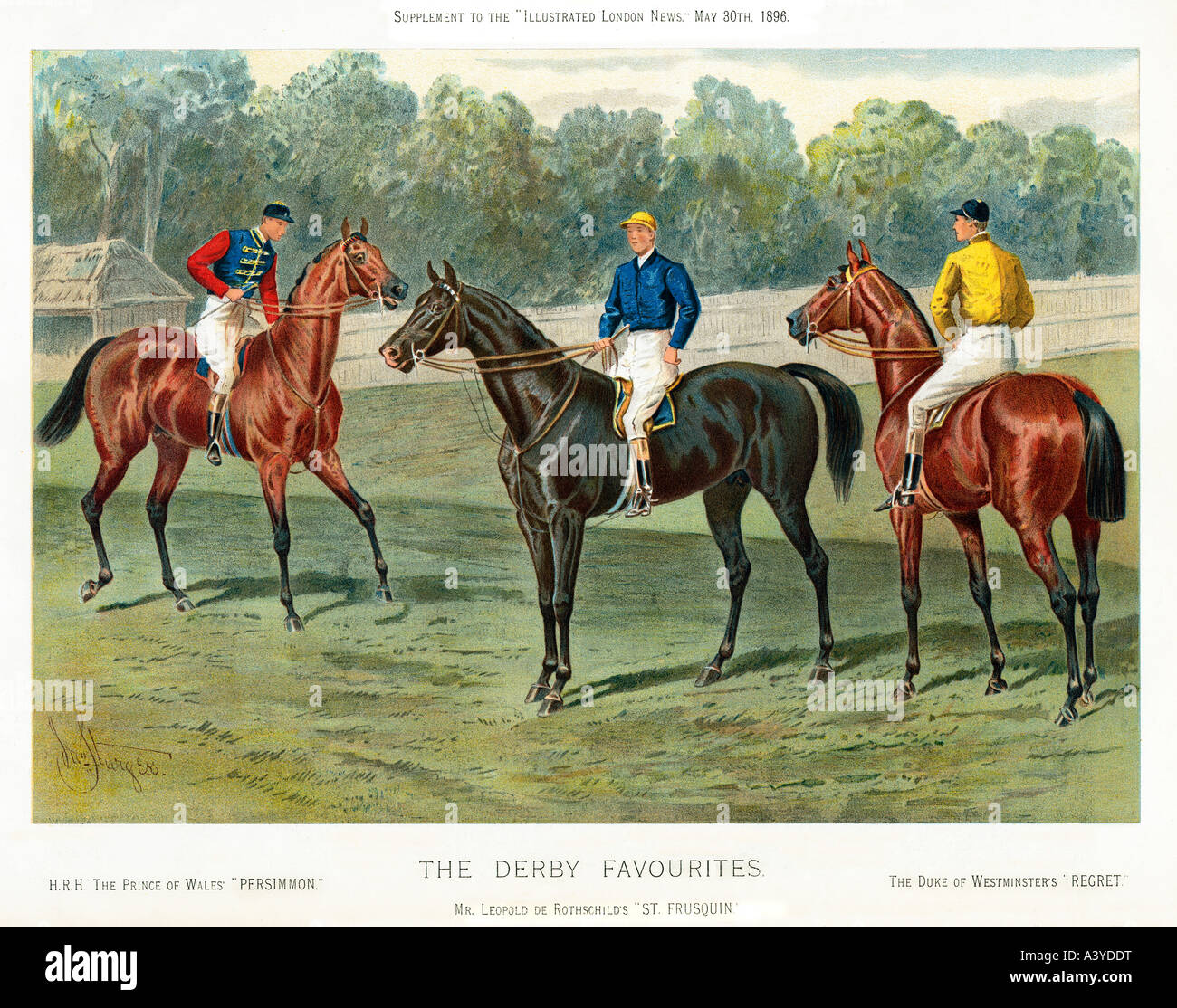 Derby Favourites 1896 print of the Classic front runners with Persimmon owned by the Prince of Wales the winner Stock Photo