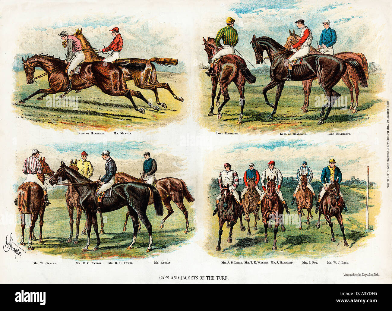 Caps and Jackets Of The Turf 1 1886 review of racing colours with their owners and jockeys Stock Photo