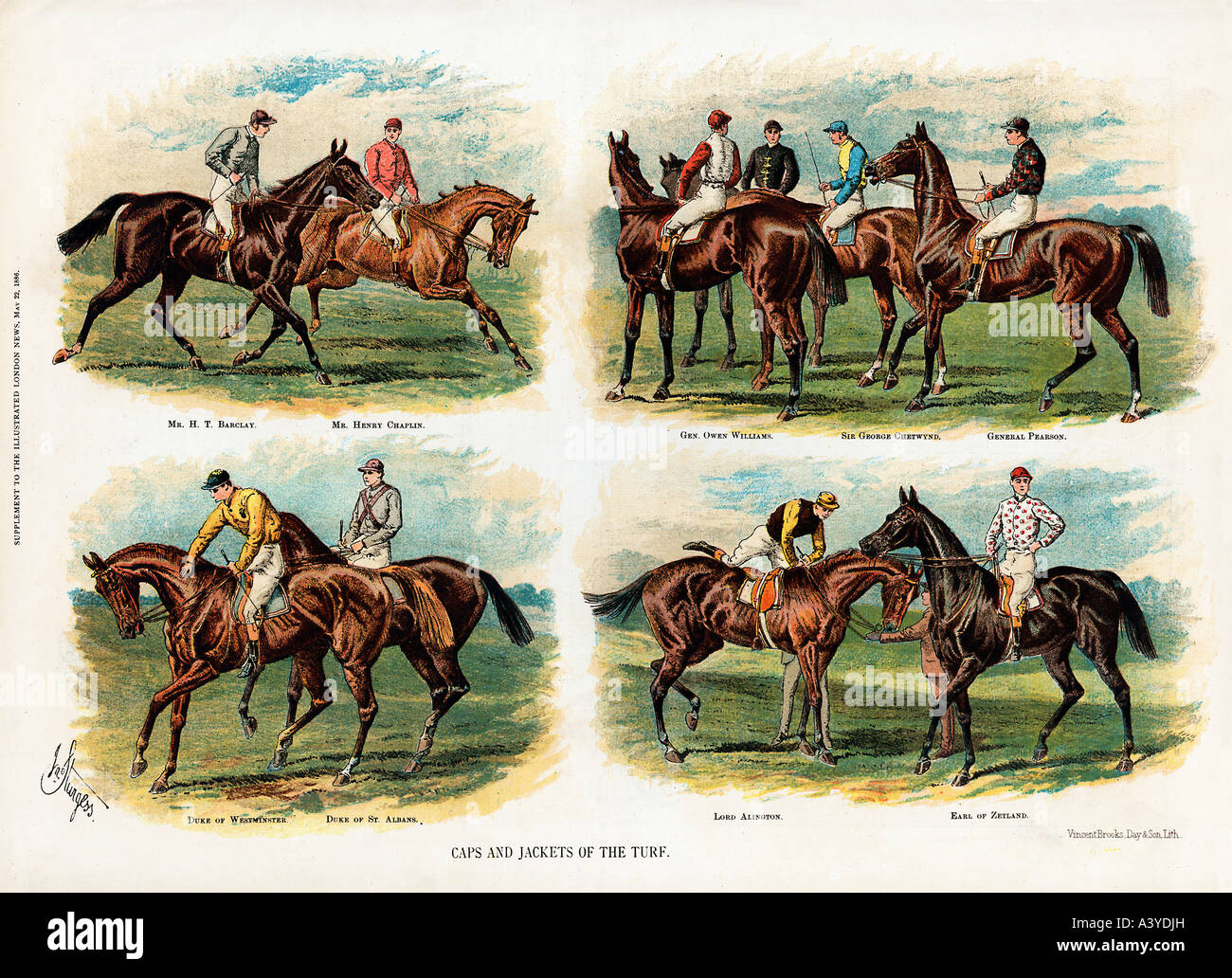 Caps and Jackets Of The Turf 3 1886 review of racing colours of famous owners of race horses Stock Photo