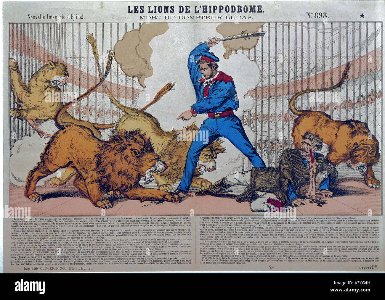 circus, lions of the Hippodrome - death of tamer Lucas, colour lithograph, print by Olivier-Pinot, Epinal, circa 1870, private collection, , Stock Photo