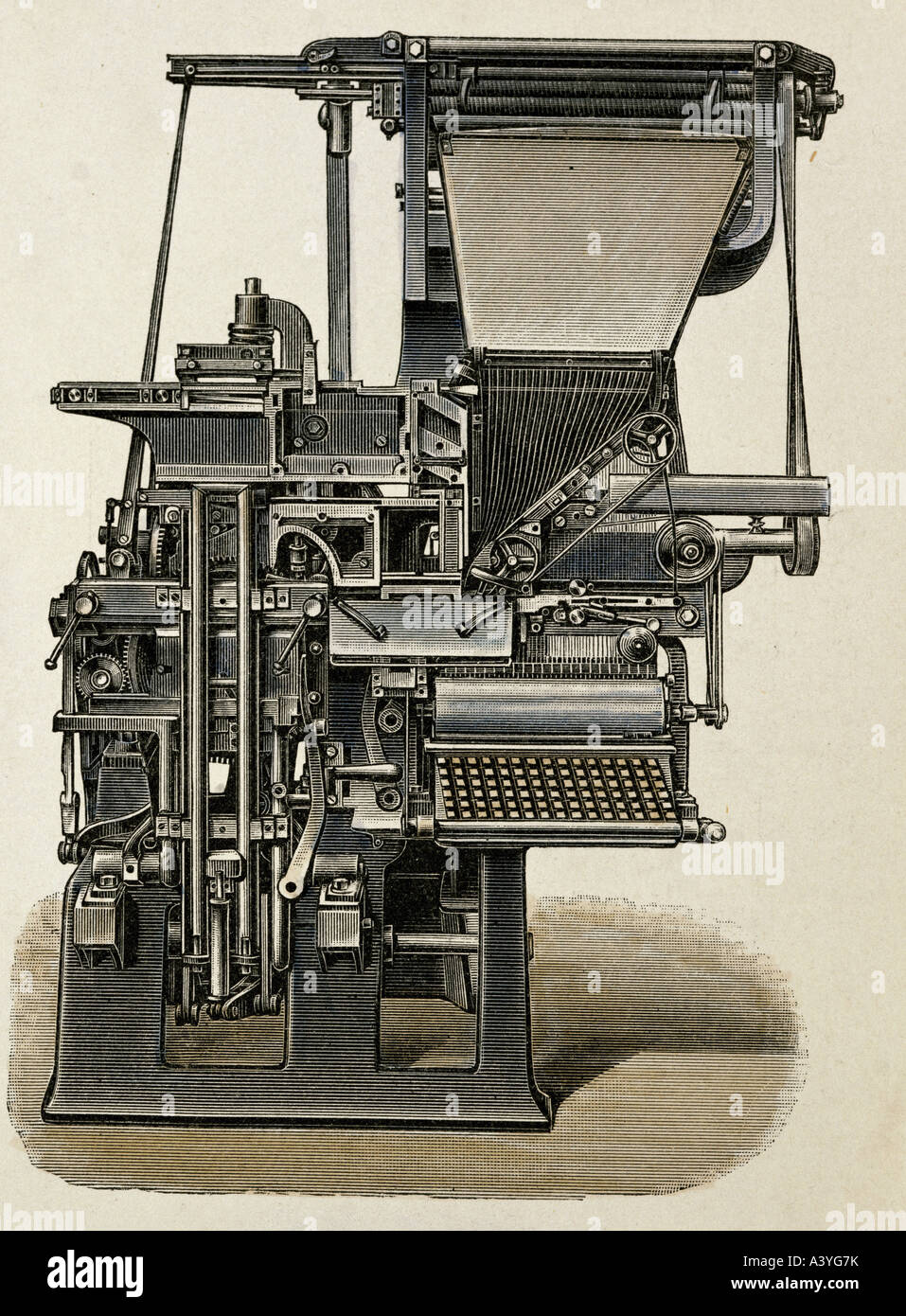 technics, printing, typesetting machine 'Linotype', invented by Ottmar Mergenthaler (1854 - 1899), 1886, colour engraving, circa 1890, private collection, , Stock Photo