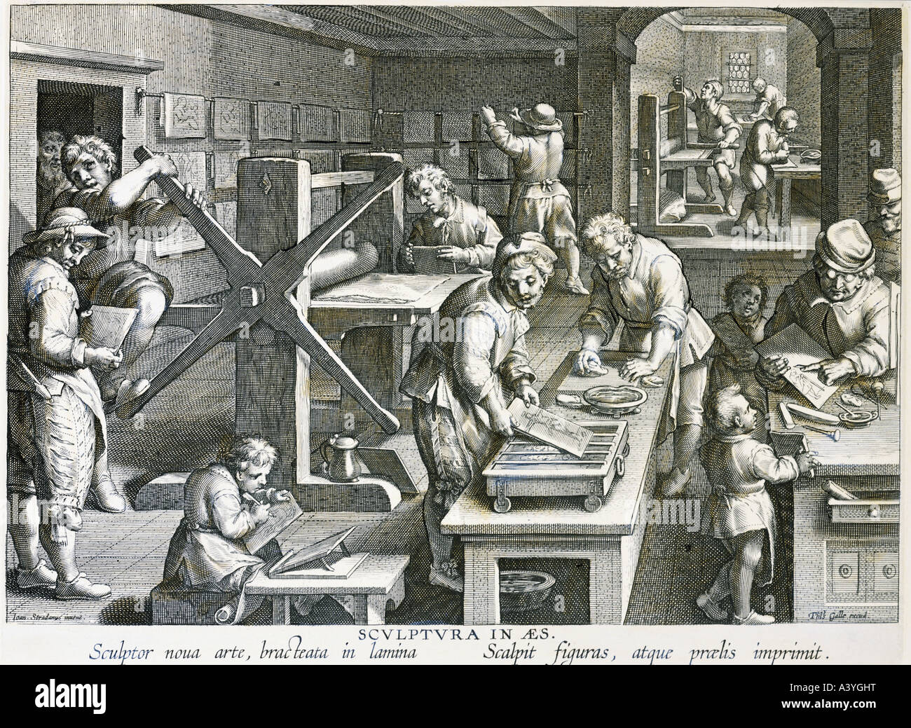 technics, printing, engraver at studio with printing presses, engraving, by Johannes Stradanus (1523 - 1605), by Theodor Galle, from 'Nova Reperta' series, circa 1580, private collection, , Artist's Copyright has not to be cleared Stock Photo