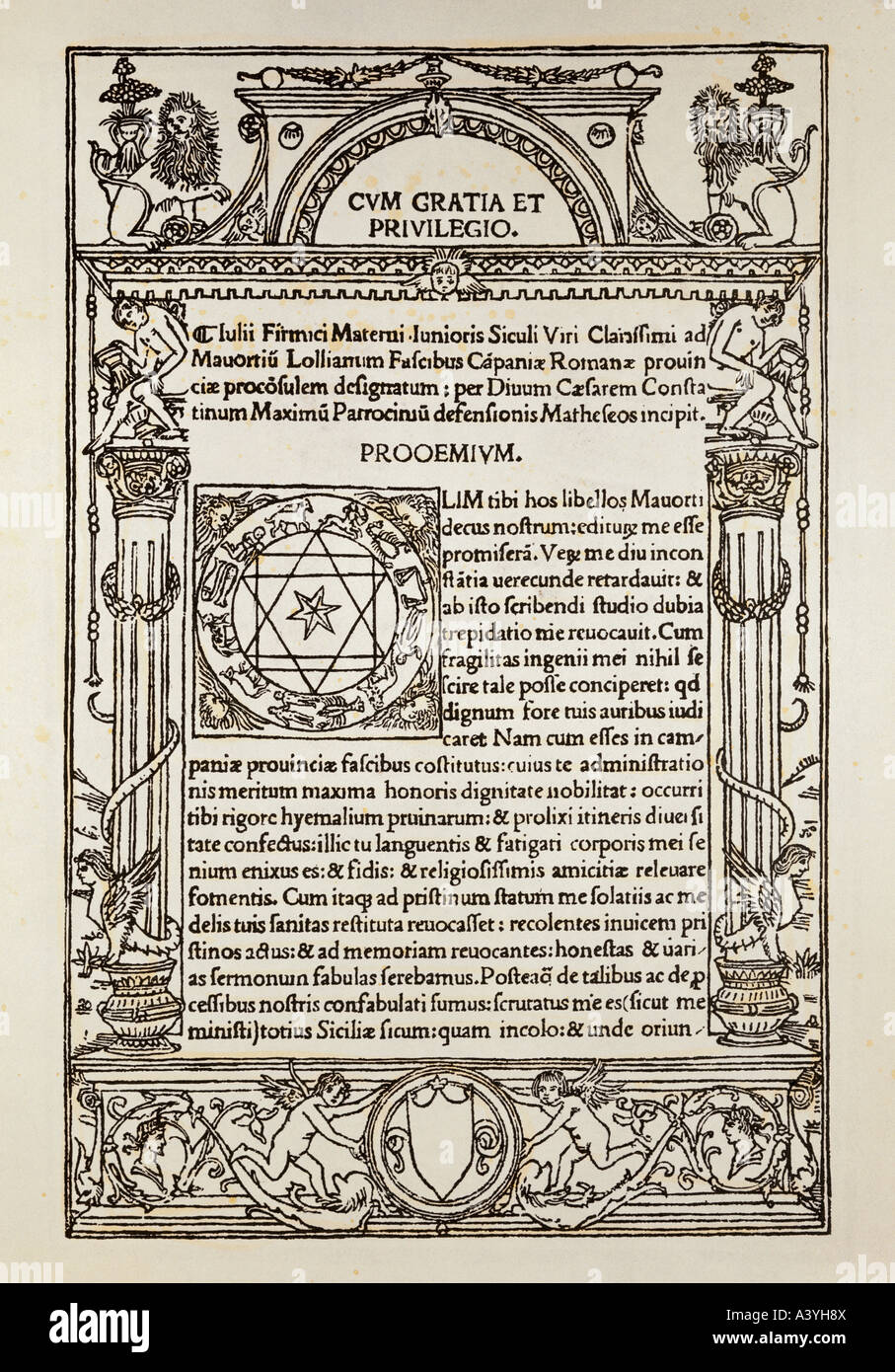 astrology, ornament page with hexagram, title for 'Julii Firmici Materni de Nativitatibus', ('star constellations at birth'), printed by Simon Papiensis called Bevilaqua, Venice, 1497, private collection, , Stock Photo