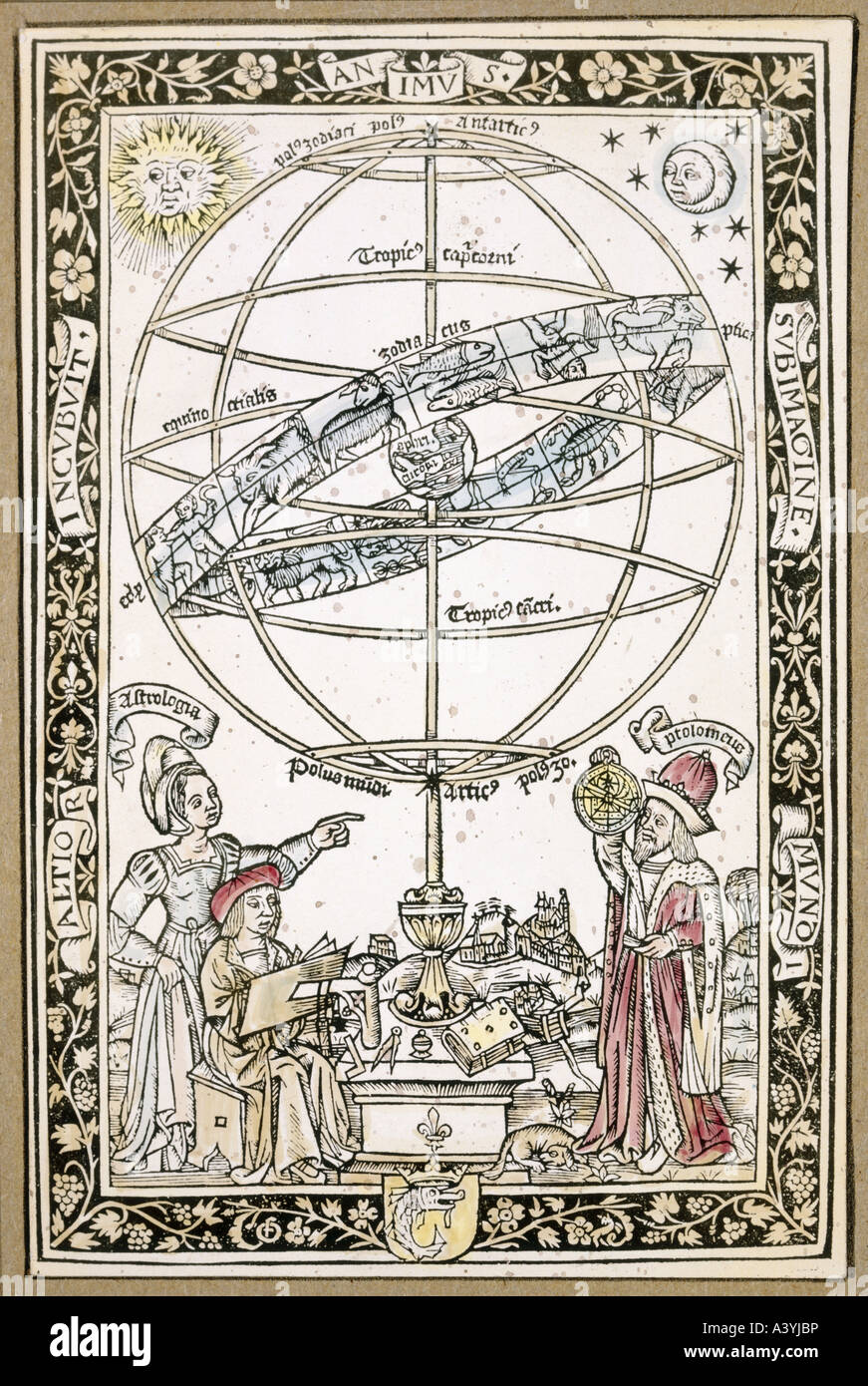 astronomy, measuring instruments, armillary sphere with zodiac, colour woodcut, by Erhard Schön, title for nativity calendar, by Leonhard Regmann, Nuremberg, 1515, Stock Photo