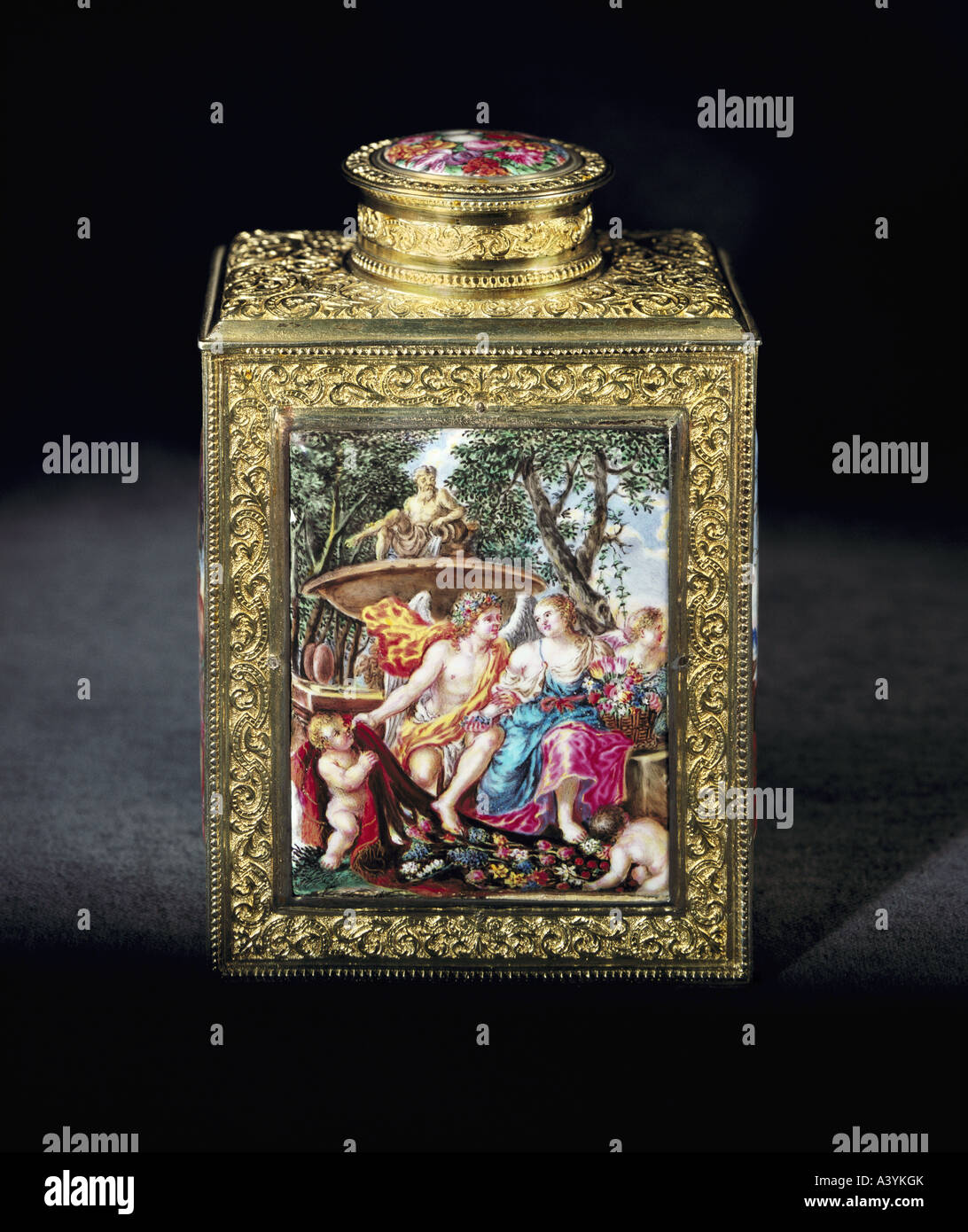 fine arts, craft / handcraft, vessel, tea caddy, mythological scene, by J.G.Sigmund Koller (1666 - 1716), Augsburg, circa 1710, Stock Photo