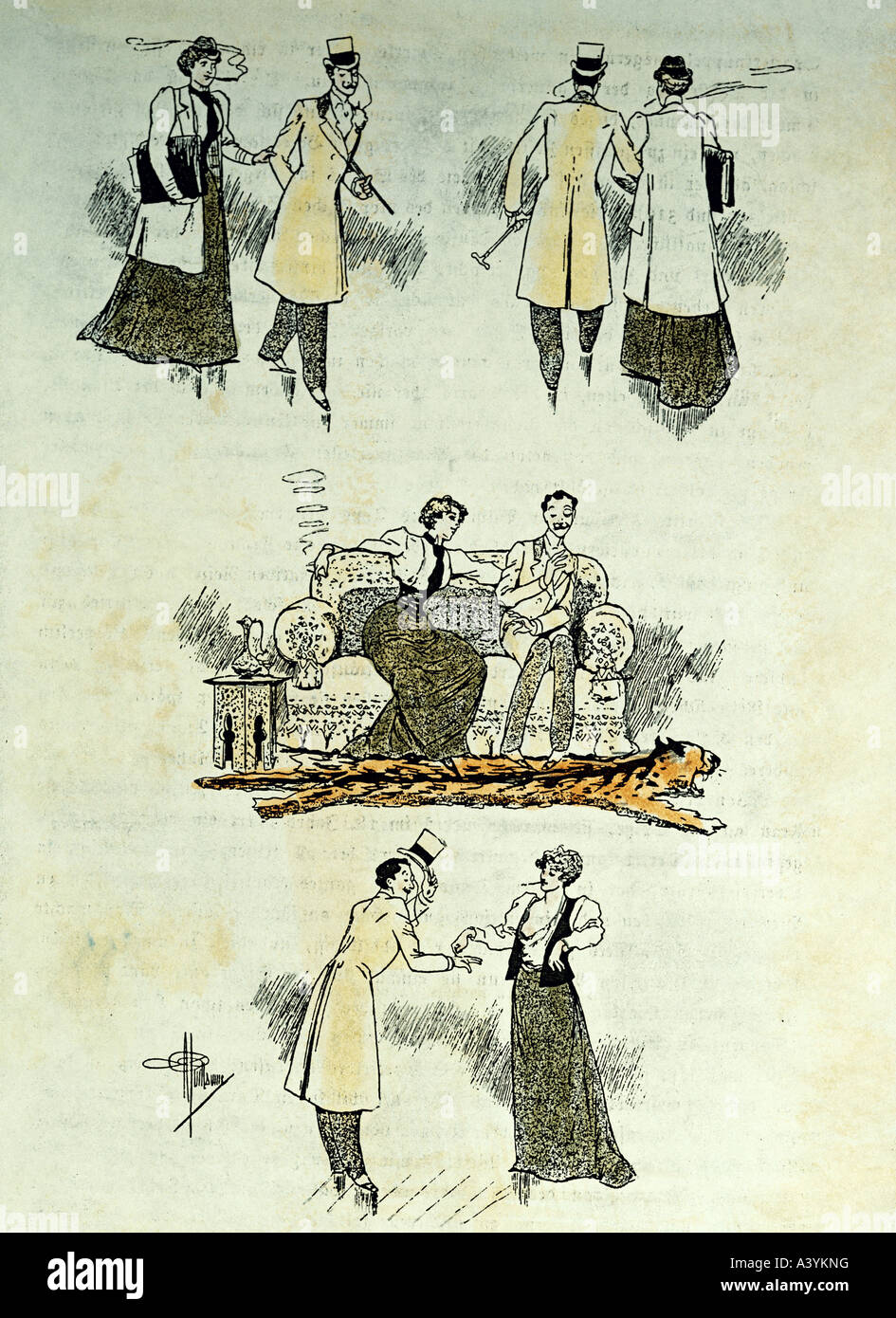 people, women, 20th century, 'emancipation today', colour lithograph, by Albert Guillaume (1873 - 1942), France, circa 1910, private collection, , Stock Photo