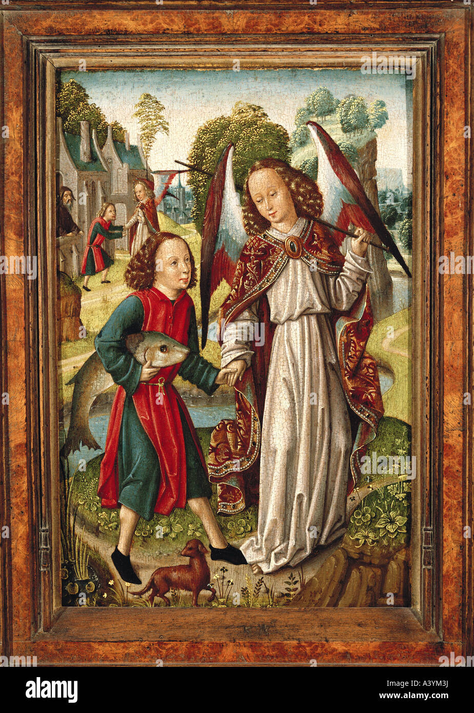 'fine arts, religious art, angels, 'Tobias and the angel', painting, Netherlands, circa 1480, panel, 32 cm x 21 cm, Thyssen Co Stock Photo