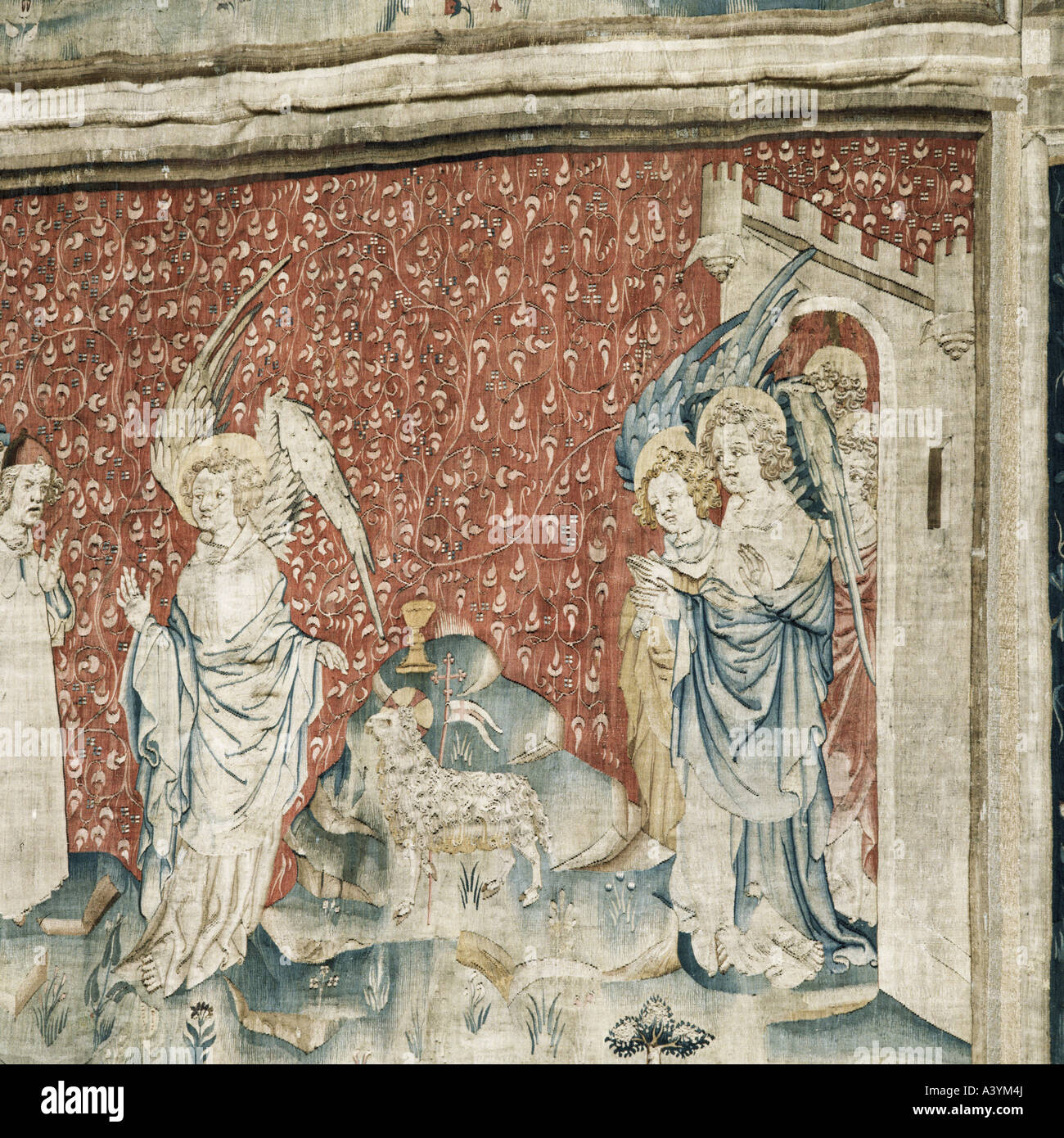 "fine arts, religious art, angels, "the gates of neavenly Jerusalem", tapestry, Paris, circa 1375 - 1380, woven by Nicolas Bat Stock Photo
