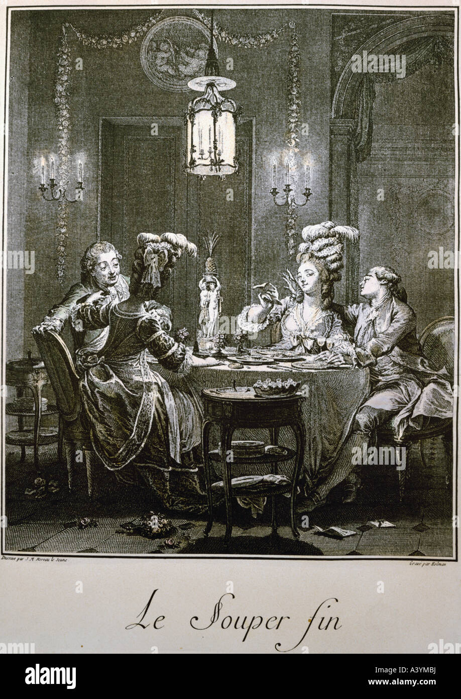 people, food and beverages, 'Le souper fin', ('the gallant dinner'), engraving, after J.M. Moreau the Younger (1741 - 1814), France, 18th century, private collection, , Artist's Copyright has not to be cleared Stock Photo
