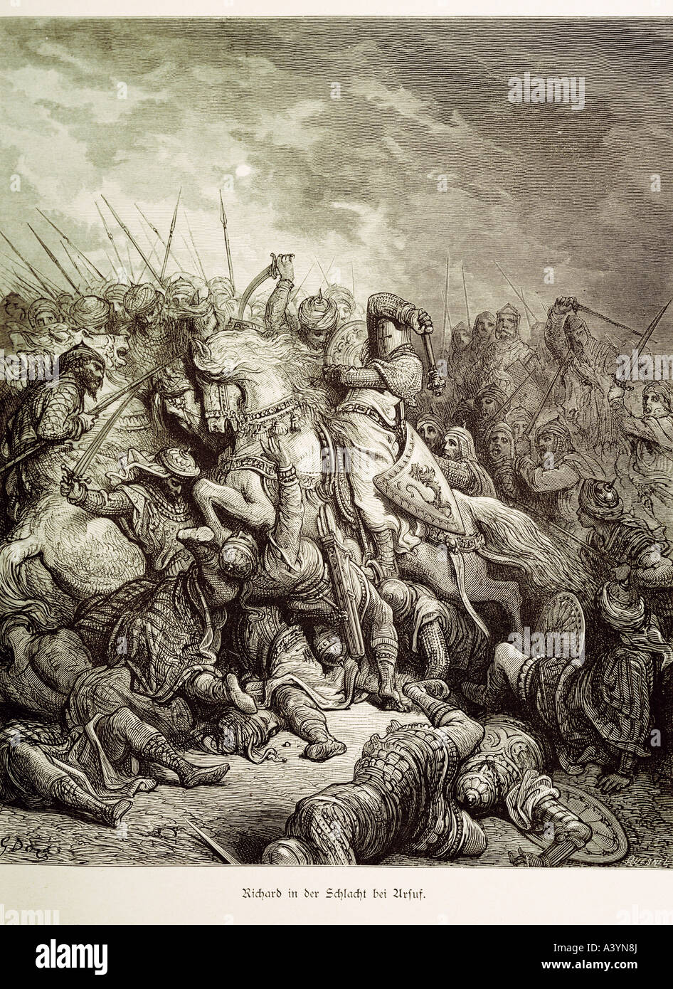 middle ages, crusades, 3rd crusade 1189 - 1192, Richard Lionheart at the battle of Arsuf, 7.9.1191, history painting, engraving, by Gustave Doré, for 'The Crusades', (German edition 1884), Richard I king of England, Dore, knight, book illustration, Christians, crusaders, Palestine, fight, fighting, mace, , Artist's Copyright has not to be cleared Stock Photo