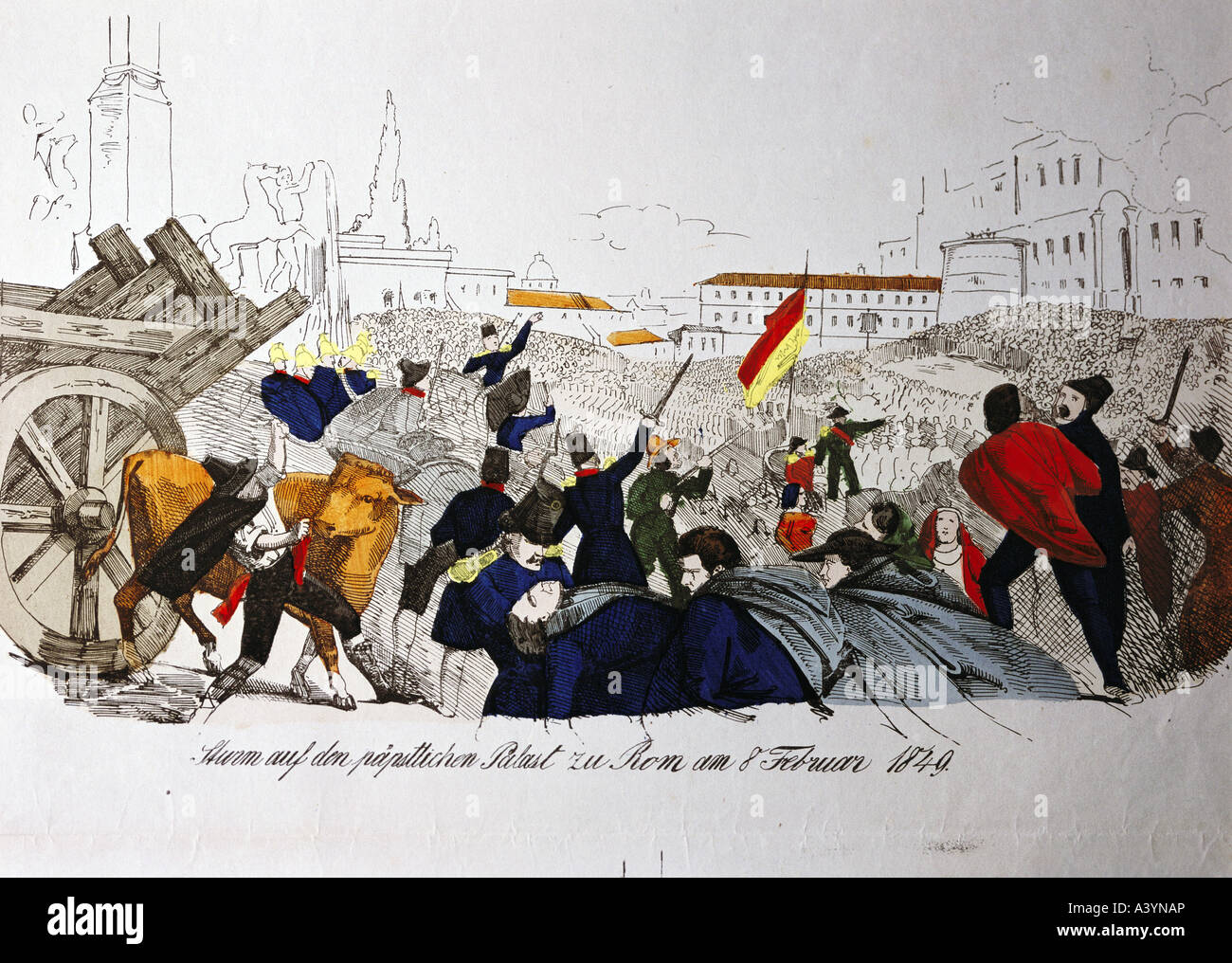 events, Revolutionen 1848 - 1849, Italy, Rome, storm at Papal palace, 8.2.1849, colour lithograph, second half 19th century, private collection, historic, historical, Europe, Papal States, street fight, fight, fighting, revolutionsaries, insurgence, insurgency, people, Stock Photo