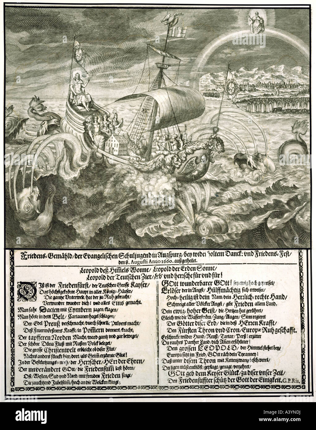 religion, christianity, protestants, peace celebration of Augsburg youth, memorial sheet, 8.8.1660, broadsheet, engraving, 1660, private collection, historic, historical, Europe, Germany, 17th century, events, politics, Thirty Years War 1618 - 1648, 30, peace of Westphalia, equality, ship, water, waves, allegory, people, Artist's Copyright has not to be cleared Stock Photo