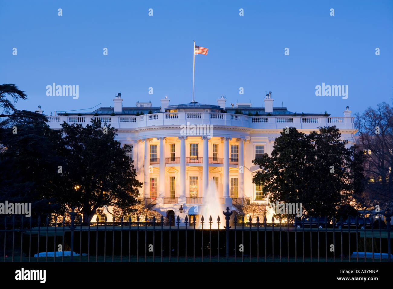 Washington White House Washington DC with the Truman Balcony at night. South side view over the fence. Stock Photo