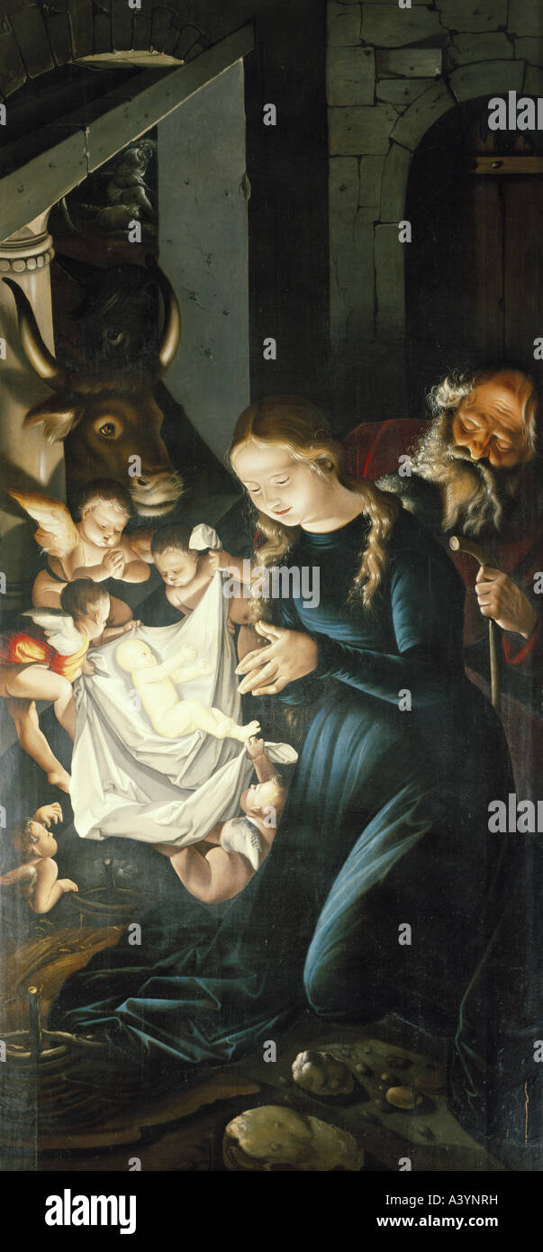 'fine arts, Baldung Grien, Hans, (1484 / 1485 - 1545), painting, 'Birth of Christ', 1512 - 1516, oil on panel, 295 cm x 115 cm Stock Photo