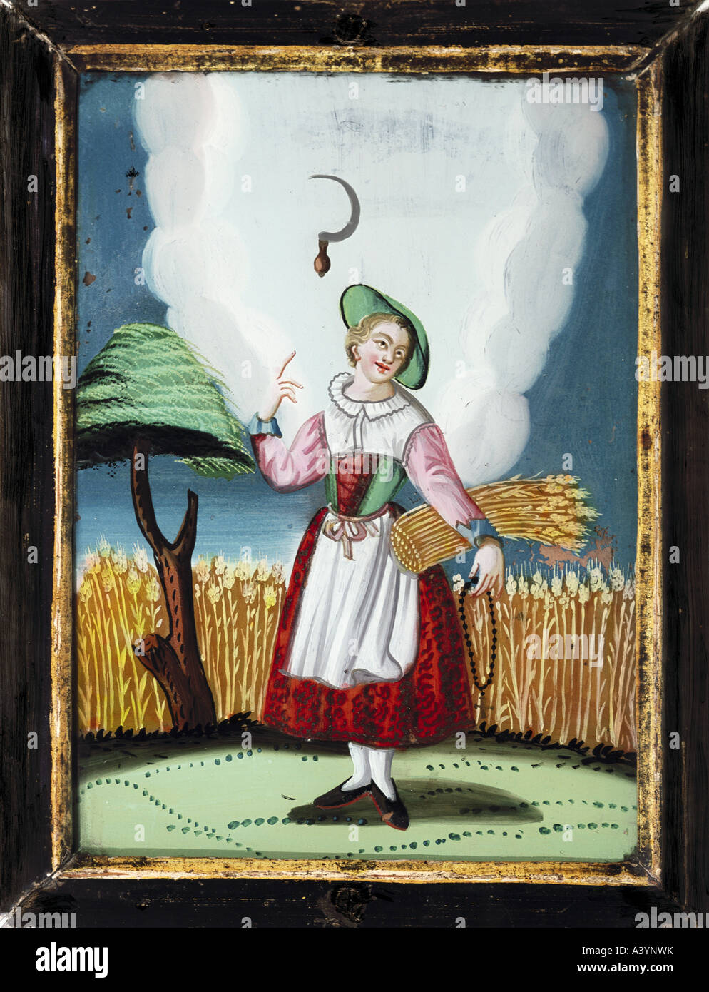 fine arts, religious art, saints, Notburga, as patron saint of agriculture, painting, glass painting, Tyrol, early 19th century, Stock Photo