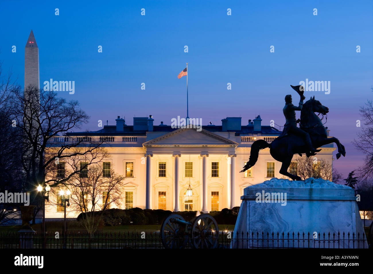 Washington Monument; The White House and the equestrian statue of Andrew Jackson in Lafayette Square, Washington DC US at night Stock Photo