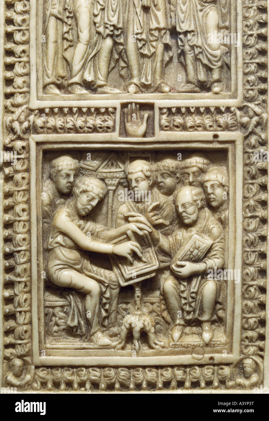 fine arts, middle ages, craft / handcraft, Dagobert psalter, cover, detail, Jerome dictating corrected psalter text, 783 - 795, Stock Photo