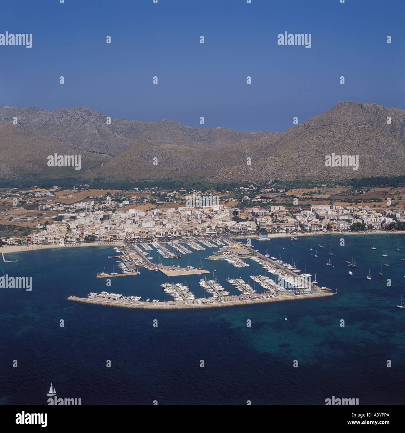 Aerial View Of Marina Port And Town Of Puerto Pollensa NE Mallorca Aerial View Of Marina Port And Town Of Puerto Pollensa NE Mallorca