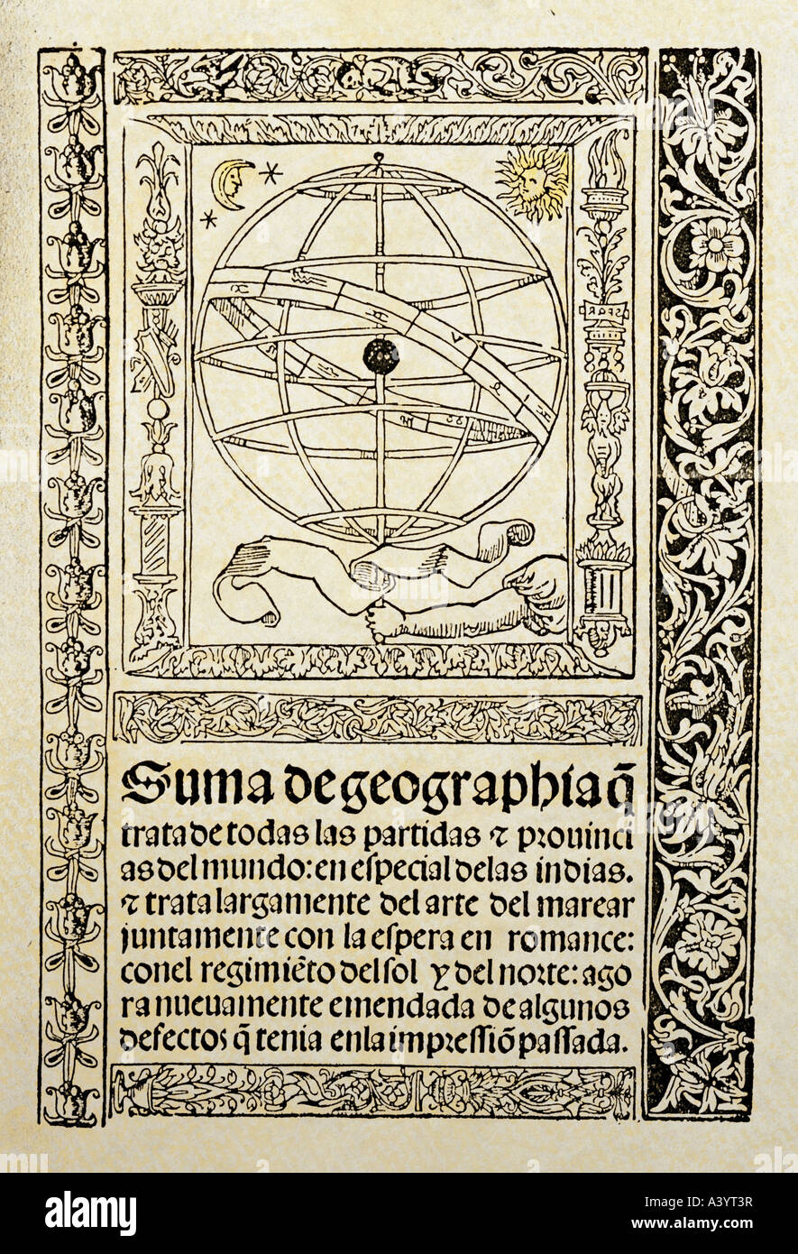 astronomy, measuring instruments, armillary sphere with zodiac, woodcut, from 'Suma de geographia', by Enciso, printed by Jakob Cromberger, Sevilla, first half 16th century, private collection, , Stock Photo