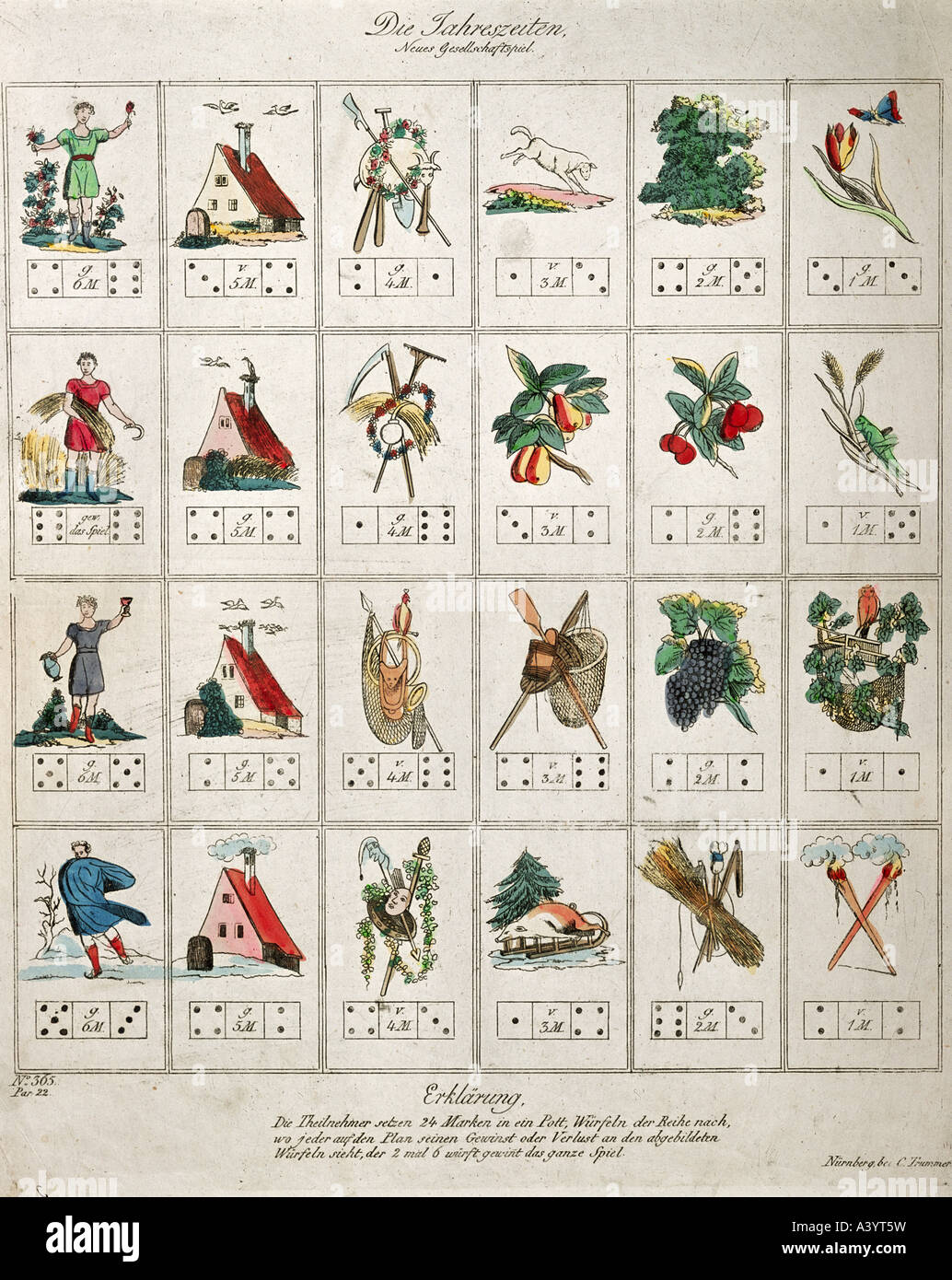 game and gambling, parlour games, 'the seasons', sheet with rules, colour etching, Christian Trummer Publishing, Nuremberg, circa 1820, Bavarian National Museum, Munich, , Stock Photo