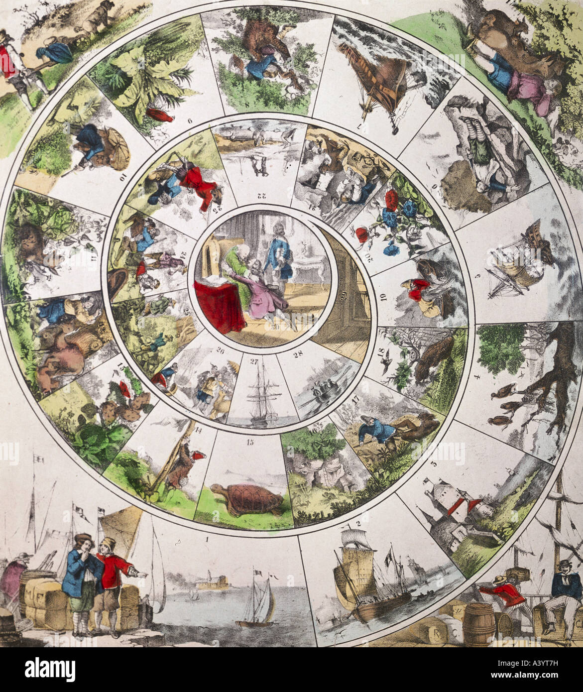 game and gambling, parlour games, 'Robinsonade', sheet, colour lithograph, Joseph Scholz Publishing, Mainz, circa 1850, Bavarian National Museum, Munich, , Stock Photo
