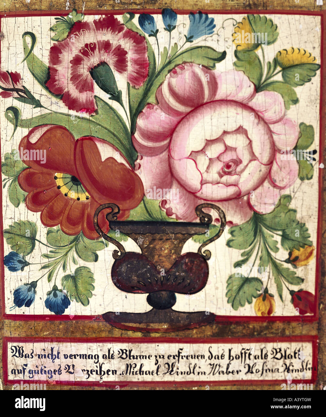 fine arts, plates, handle vase with flowers, Kinzigtal / Black Forest, late 18th century, painting on panel, 18,5 cm x 16 cm, Ba Stock Photo