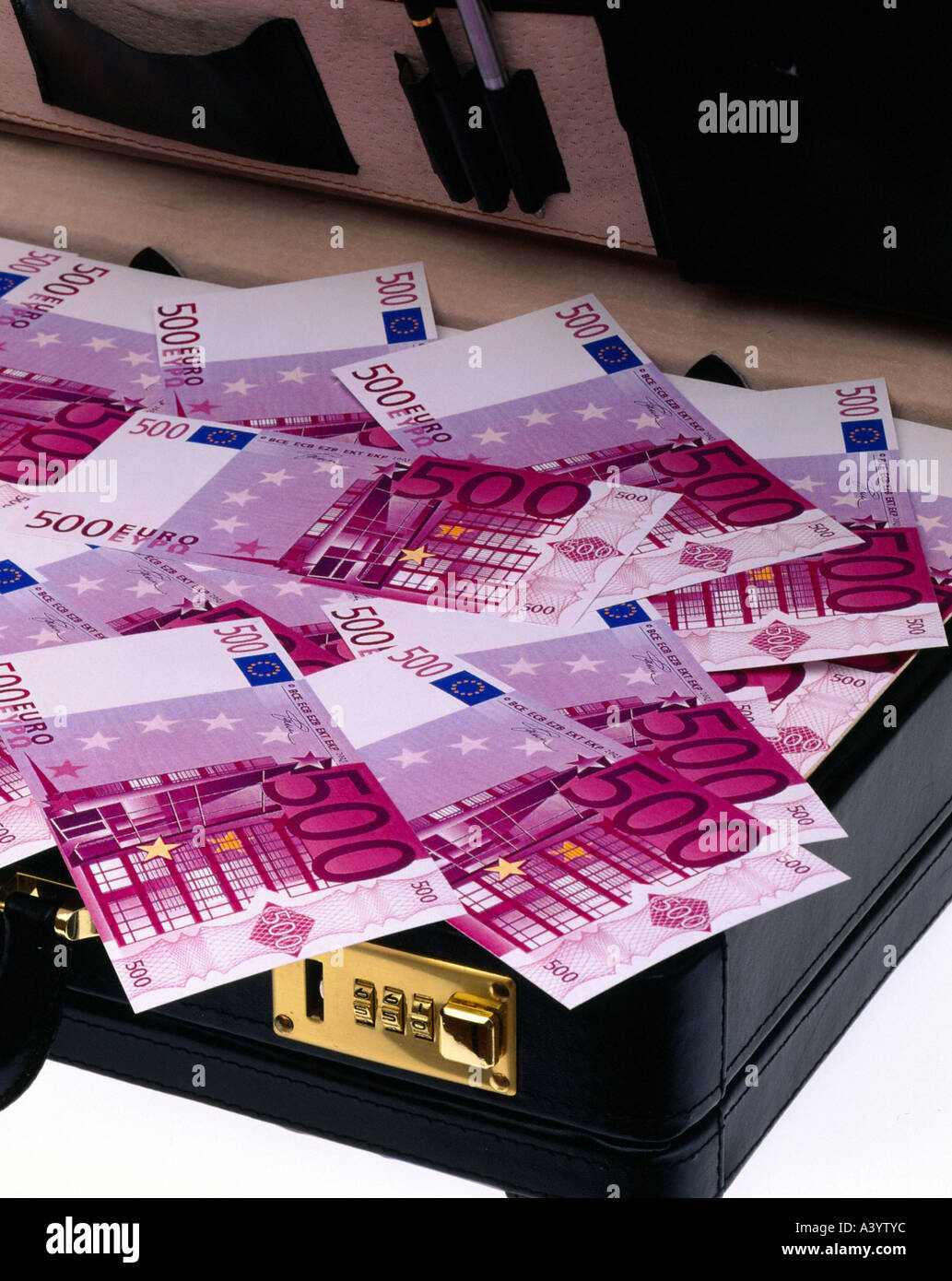 500 Euros in a suitcase money lottery rich profit Stock Photo