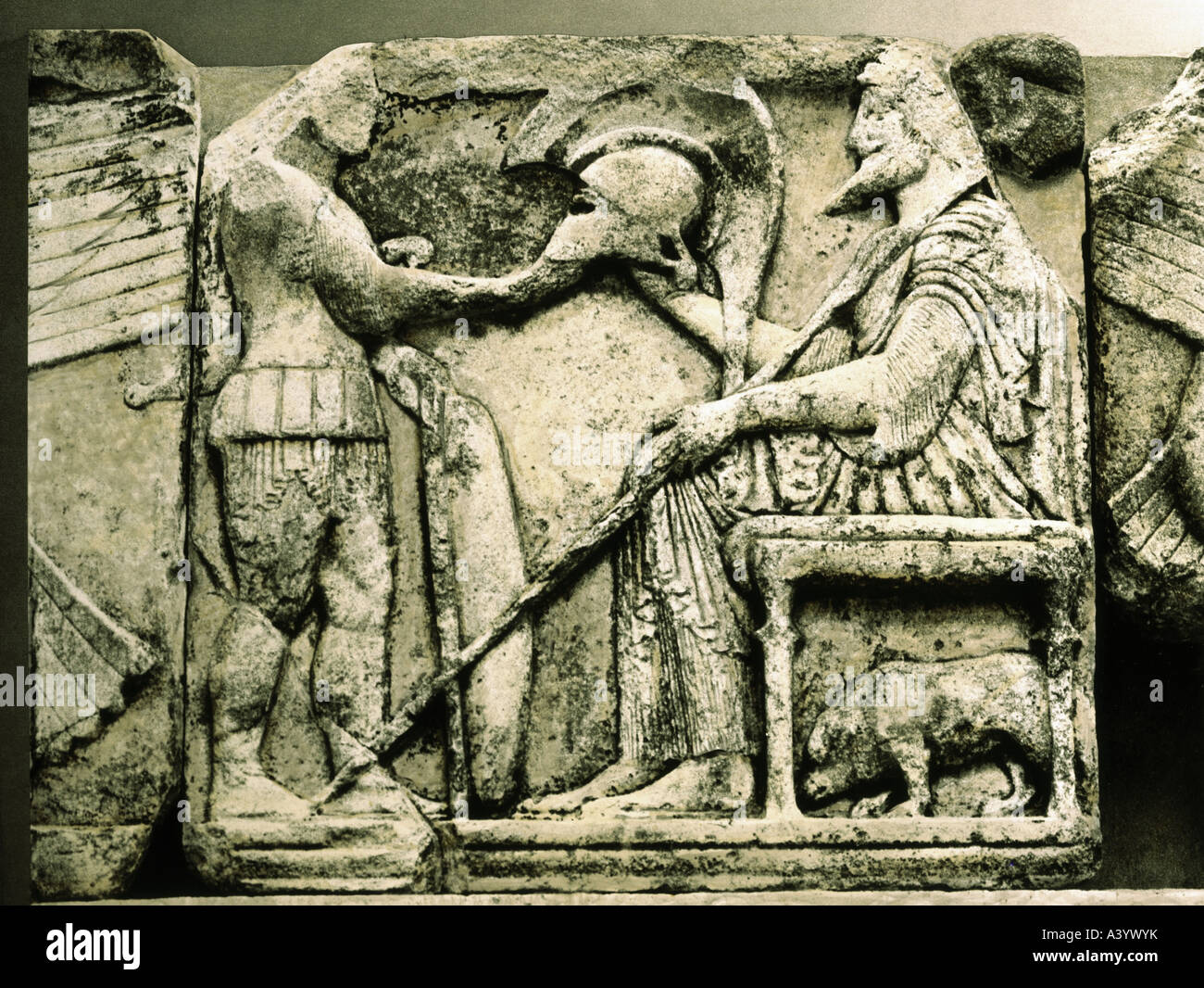 fine arts, ancient world, Greece, sculpture, relief, hoplite dedicating his weapons to God Zeus, marble, Harpy Monument, circa 4 Stock Photo