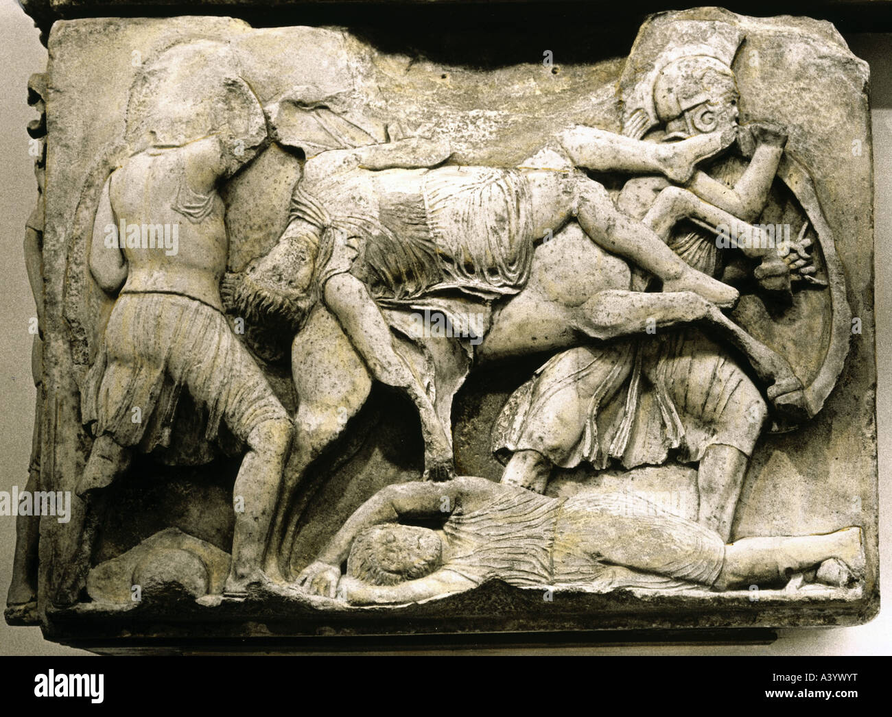 fine arts, ancient world, Greece, sculpture, combat scene, relief, marble, Nereids Monument, 5th century BC, British Museum Lond Stock Photo