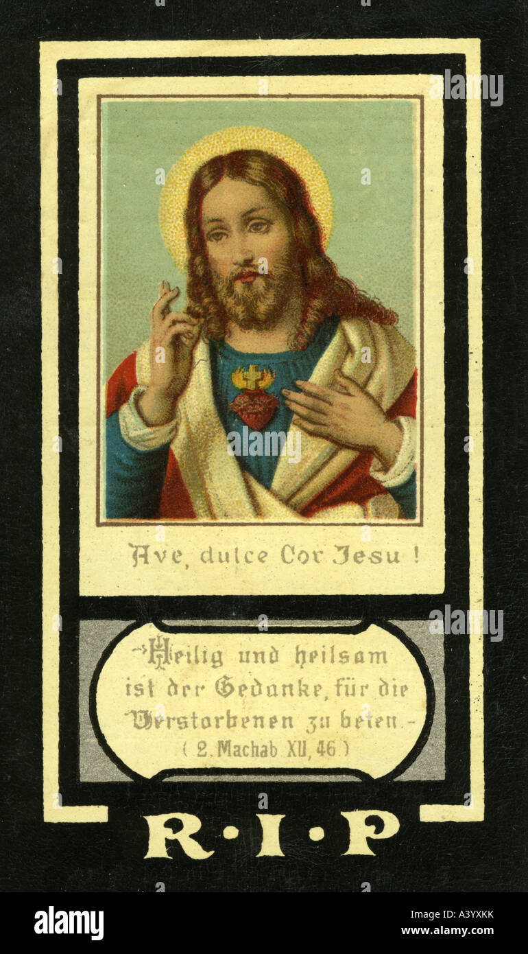 religion, christianity, prayer pictures, 'Ave dulce Cor Jesu!', Holzkirchen, 1901, Europe, Germany, 20th century, tradition, picture, death, dying, memory, remembrance, Jesus Christ, halo, blessing, Sacred Heart, , Stock Photo