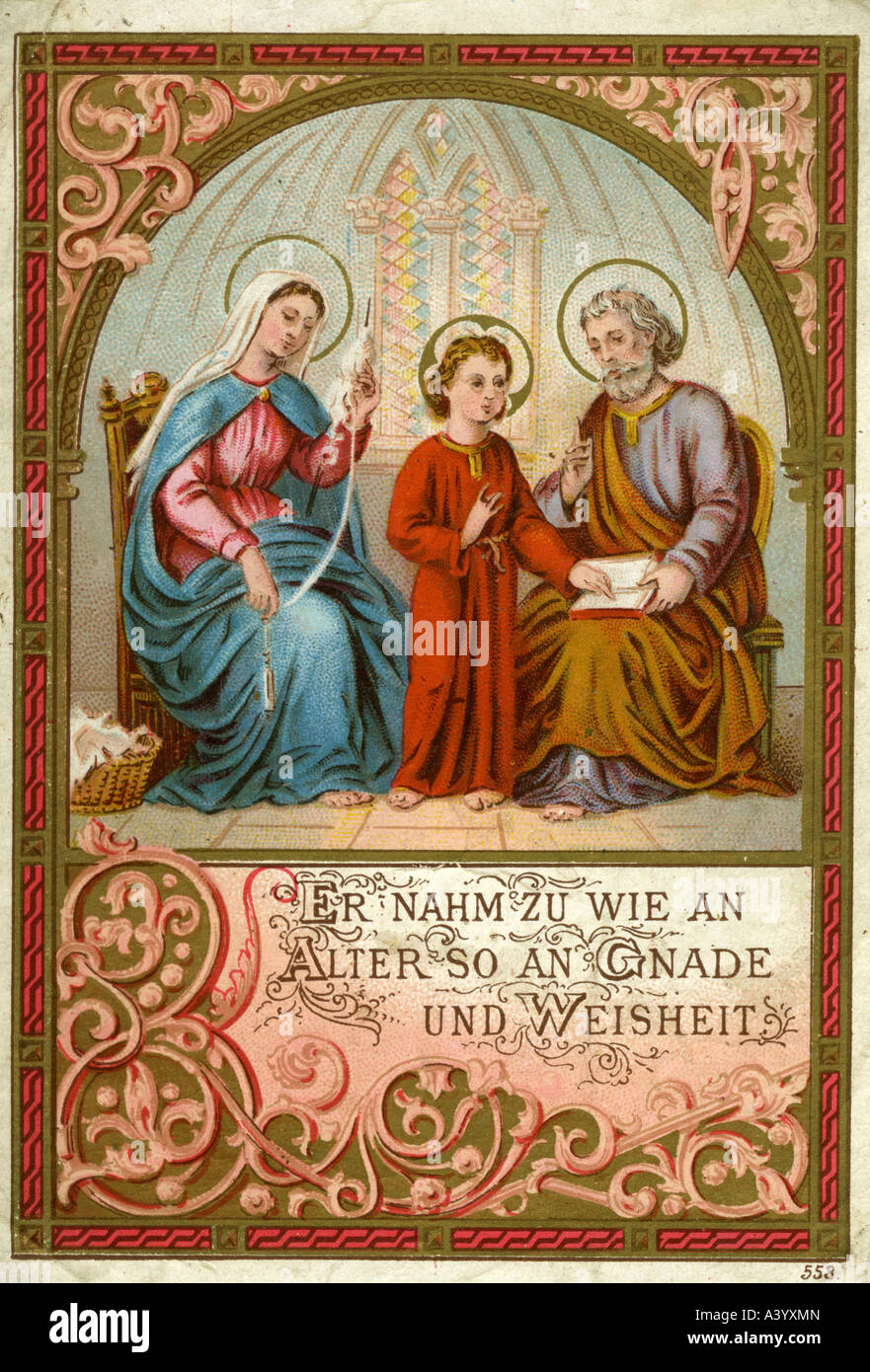 religion, christianity, prayer pictures, 'Er nahm zu wie an Alter so an Gnade und Weisheit', ('he was gaining mercy and wisdom as he was growing older'), Germany, 19th / 20th century, Europe, tradition, picture, memory, remembrance, Saint Mary, spinning, Saint Joseph, book, reading, Jesus Christ, child, ornament, , Stock Photo