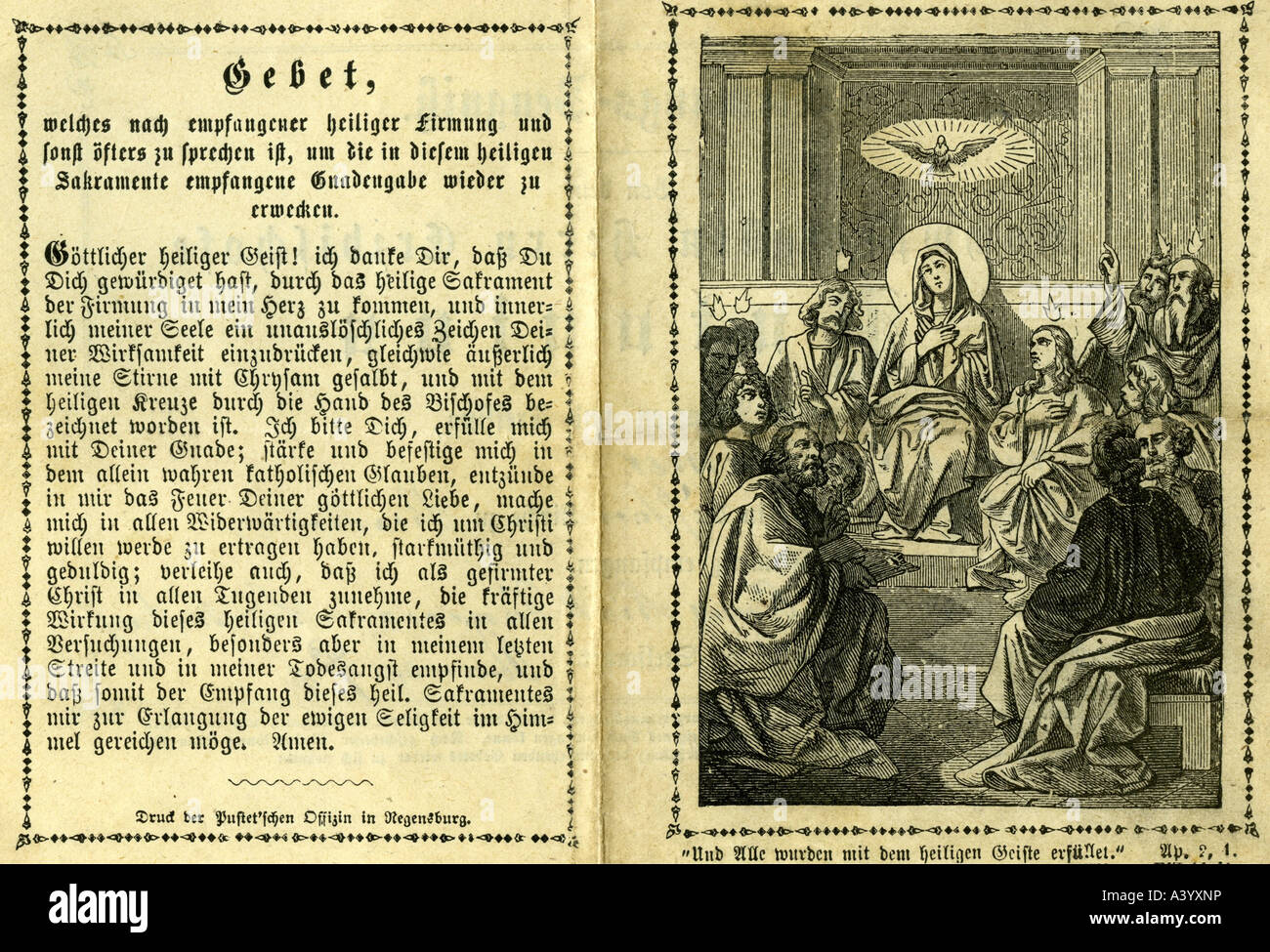 religion, christianity, prayer pictures, confirmation certificate, 'Und alle wurden mit dem Heiligen Geist erfüllt', ('and all were steeped by the Holy Spirit'), Regensburg, 1881,  Europe, Germany, 19th century, tradition, picture, memory, remembrance, dove, SAint Mary, disciples, tongues of fire, erfuellt, erfullt, , Stock Photo