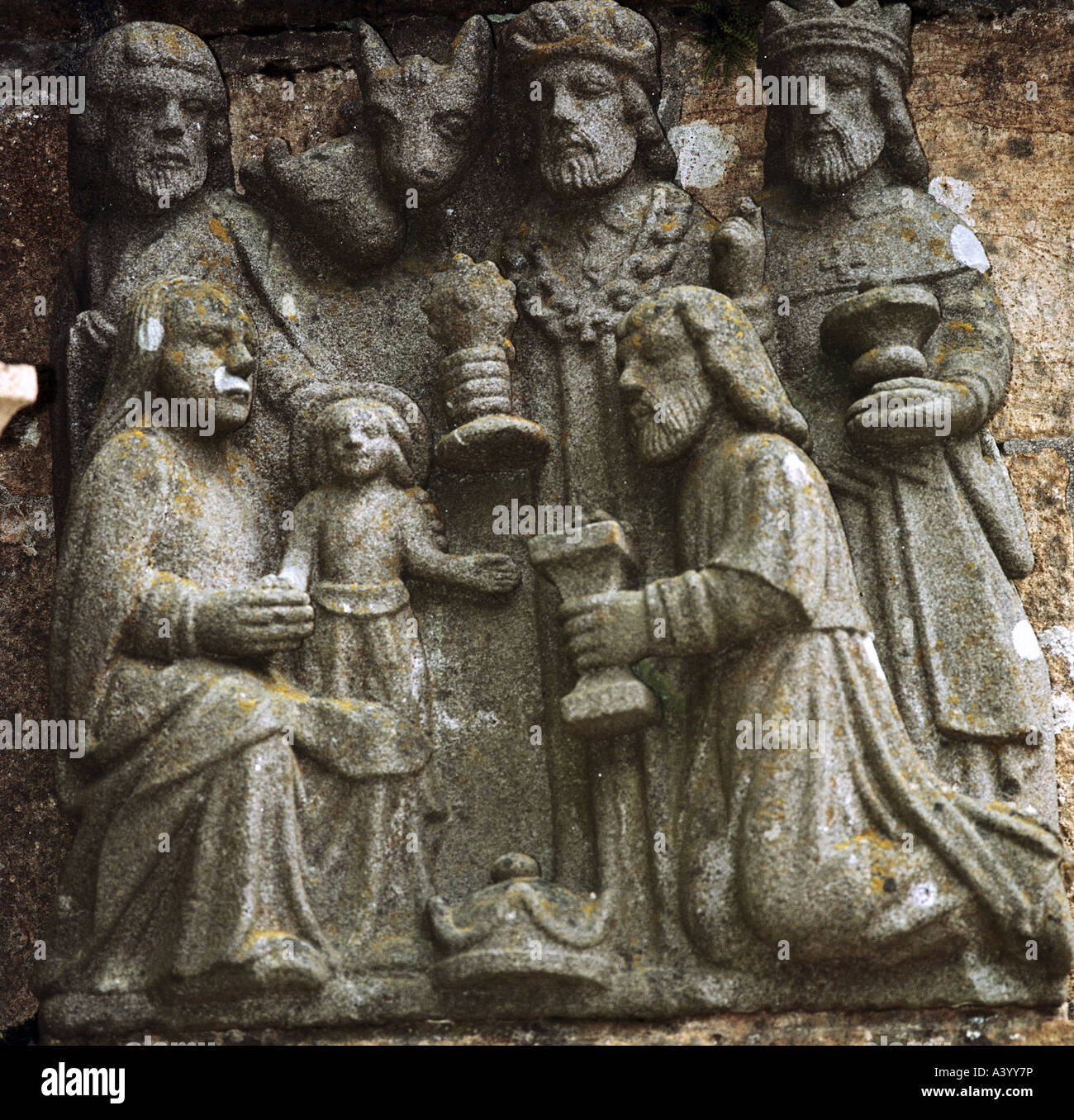 geography / travel, France, Plougastel-Daoulas, monuments, calvary, detail, adoration of the three Magi, 1602 - 1604, historic, historical, Europe, Brittany, Morbihan, religion, christianity, fine arts, religious art, sculpture, sculptures, calvaries, passion, Saint Mary, Jesus Christ, child, 3, 17th century, Plougastel Daoulas, Finistere, largest Breton calvary, Stock Photo