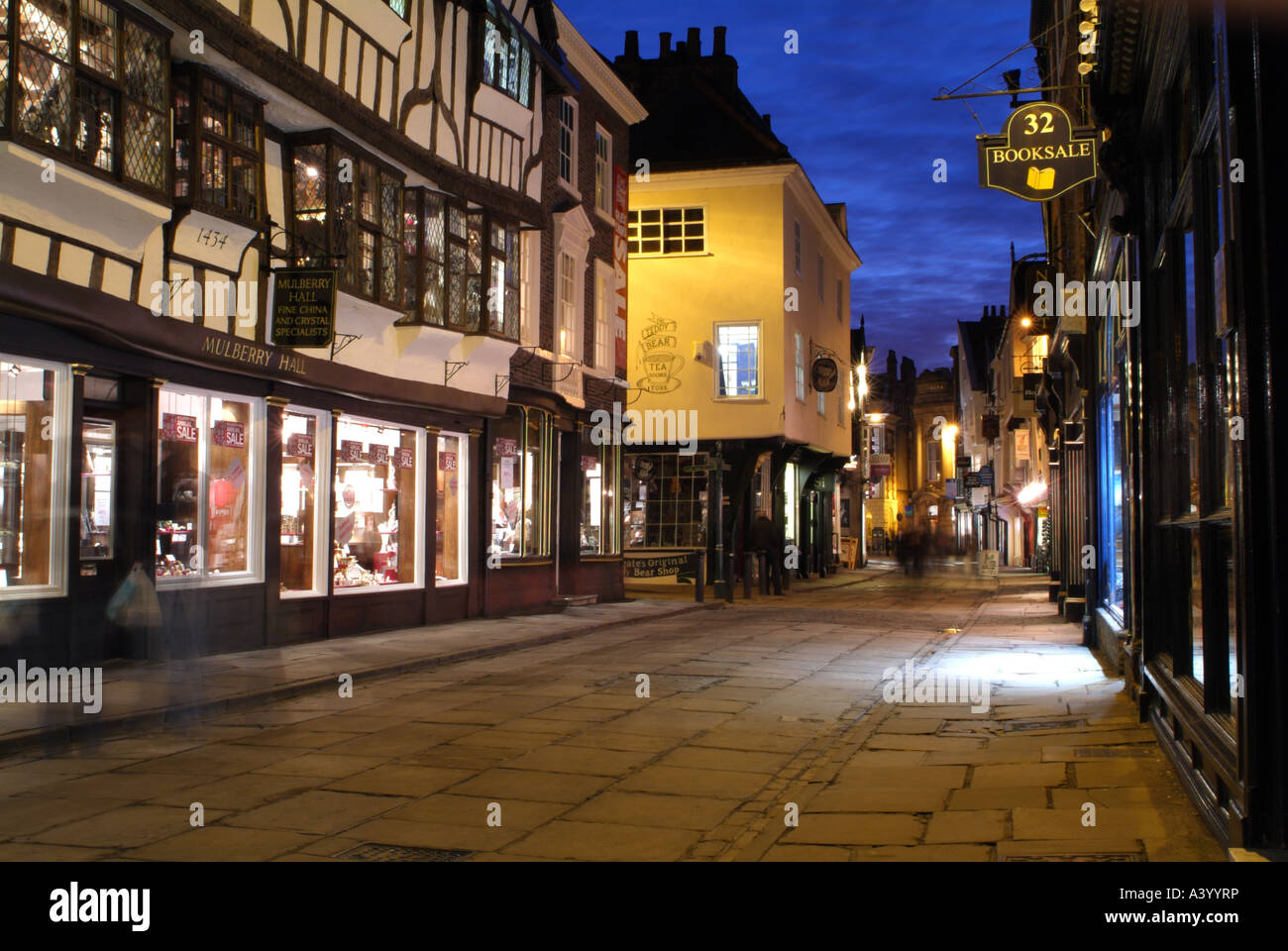 Looking south-west along the old paved street of Stonegate, York. Stock Photo