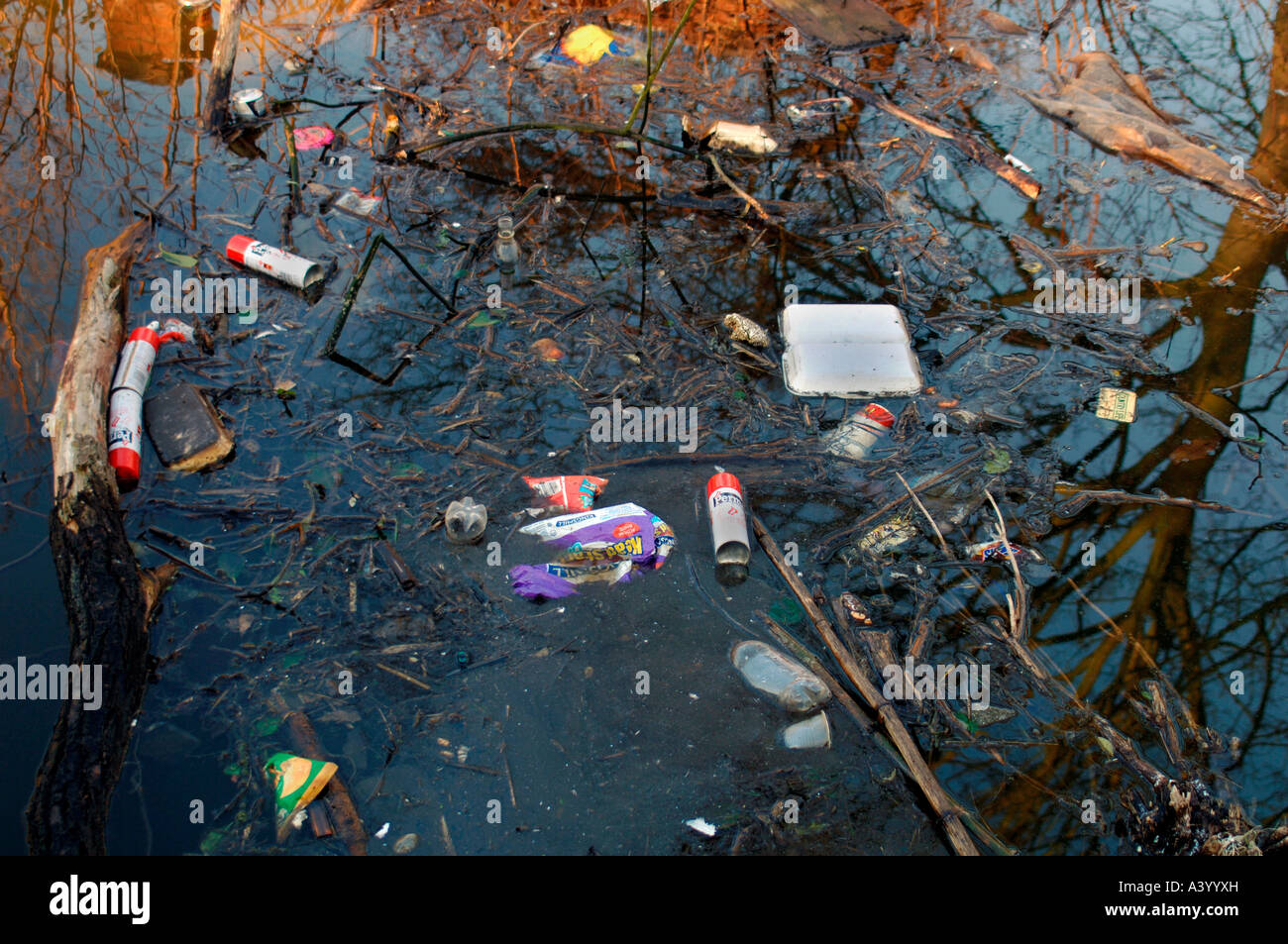 Rubbish Dumped Into The Waters Of The Cauldon Canal In Staffordshire (UK). Stock Photo
