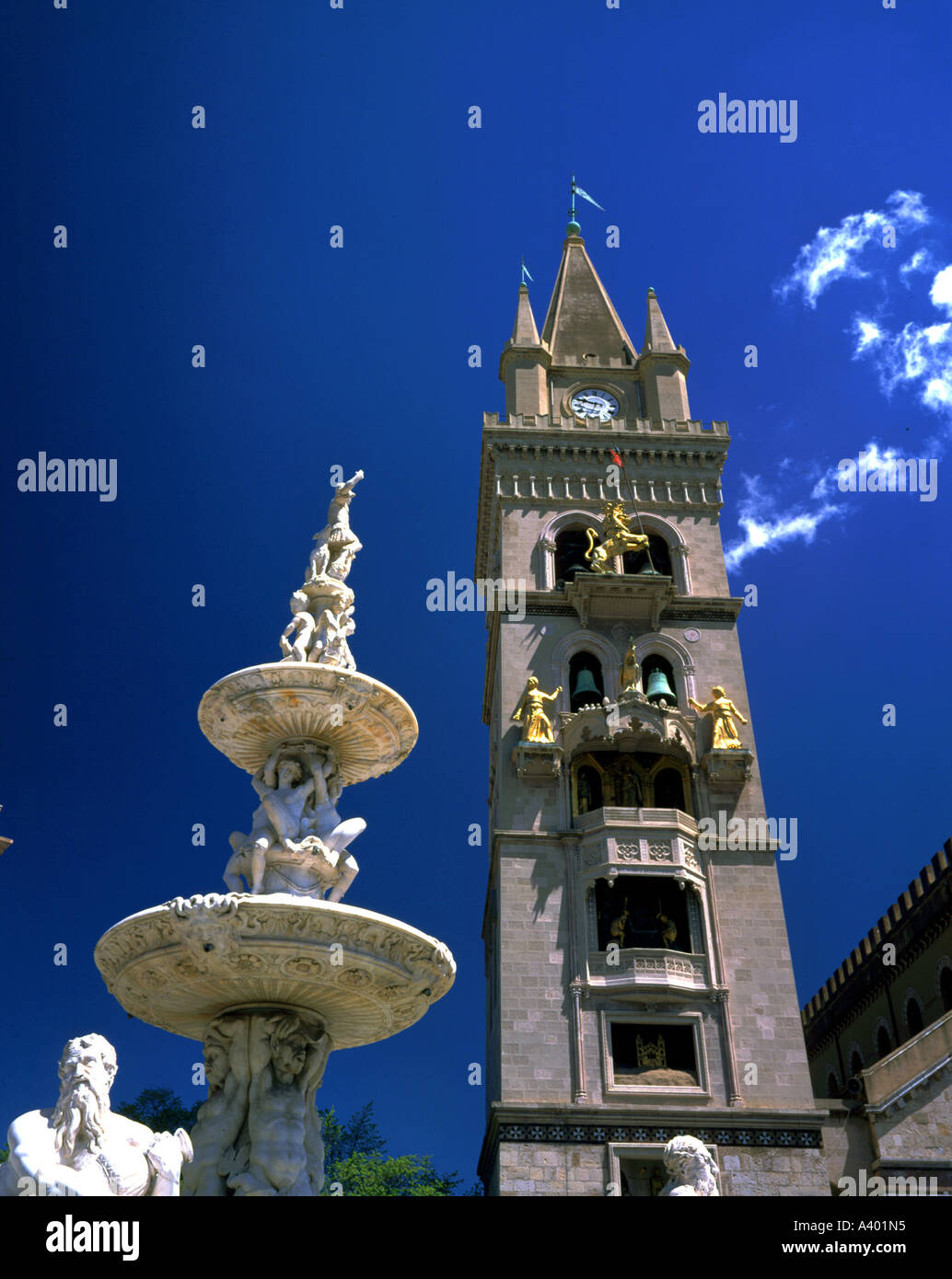 Italy Sicily Messina clock tower Orion fountain Stock Photo Alamy
