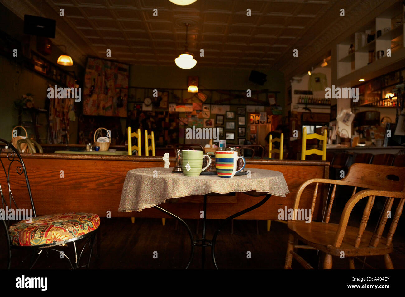 Interior Of A Cafe With Coffee Cups On A Table Stock Photo - Alamy