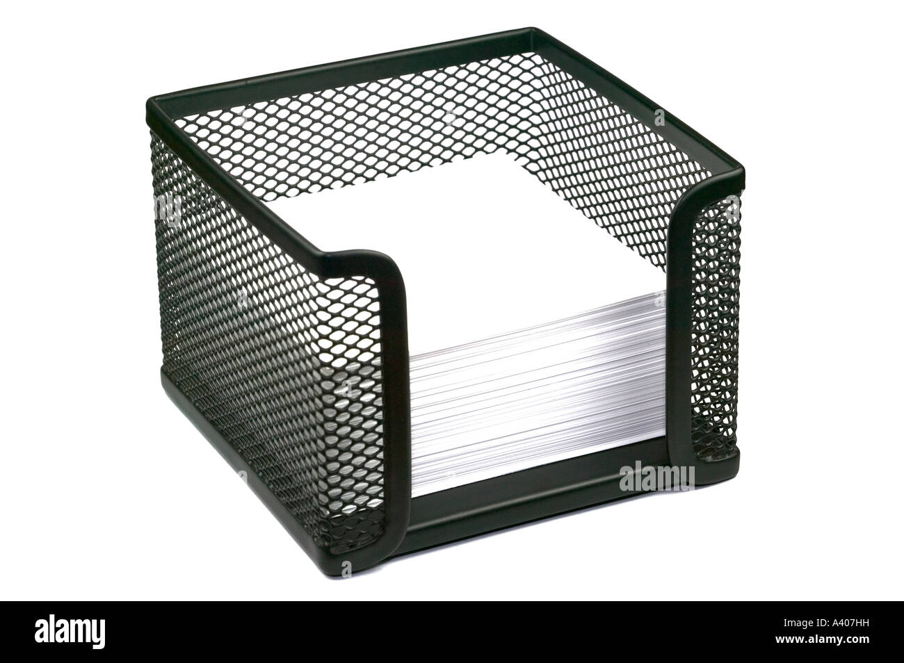 Black mesh memo pad holder with blank white memo paper isolated on a white background Space for copy on the memo s Stock Photo