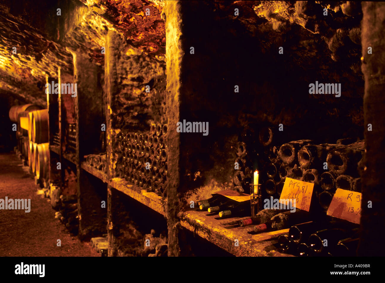 FRANCE BURGUNDY  POMMARD  DUSTY WINE BOTTLES IN  LEJEUNE  WINERY'S CELLAR Stock Photo