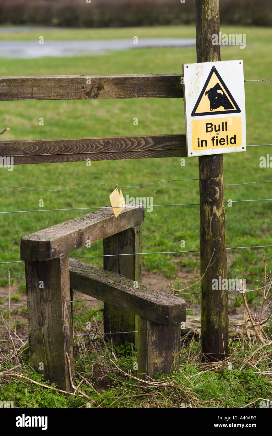 Bull in field warning sign and stile, Gloucestershire, UK Stock Photo