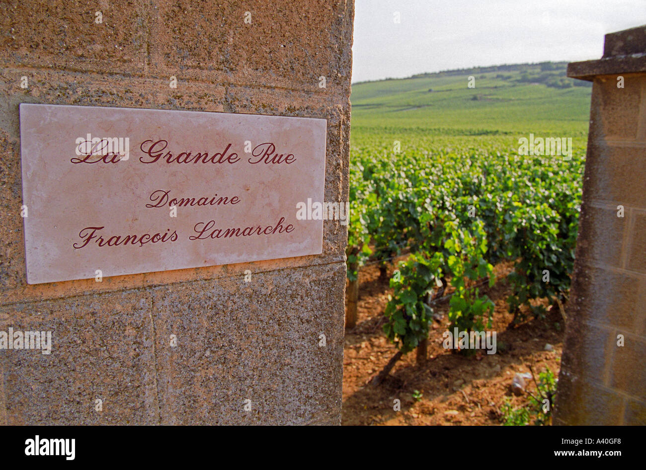 La Grande Rue Domaine Francois Lamarche, inscribed on a stone pillar in