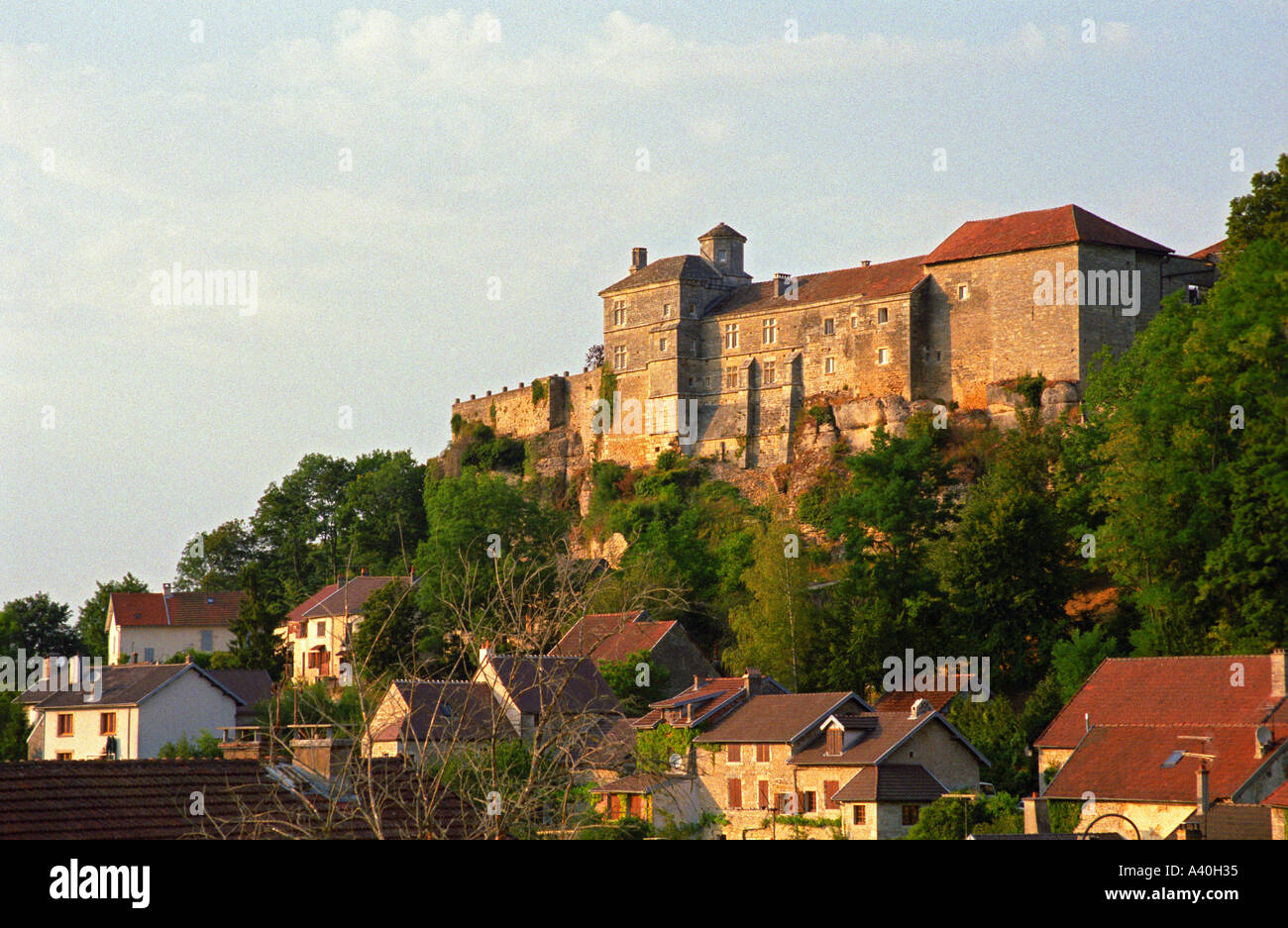 The medieval chateau de Salmaise castle / fortress in Burgundy, overlooking the village Salmaise Stock Photo