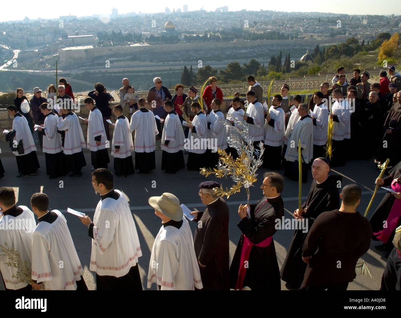 Israel Jerusalem Mount of Olives Palm Sunday Catholic procession 2 rows ...