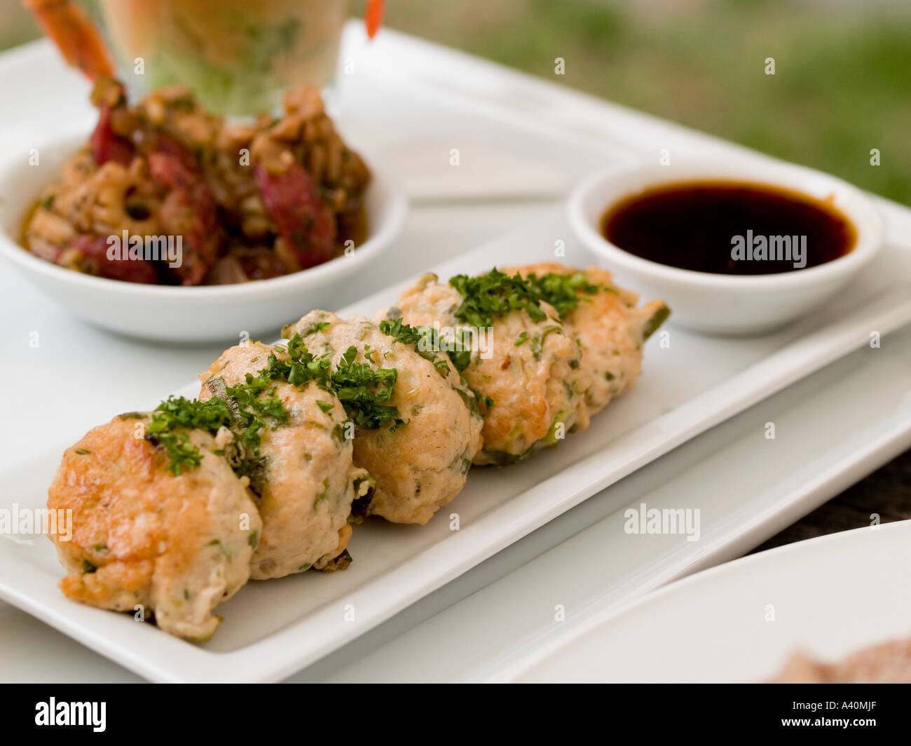 Thai chicken cakes with chilli soy dipping sauce sprinkled with a