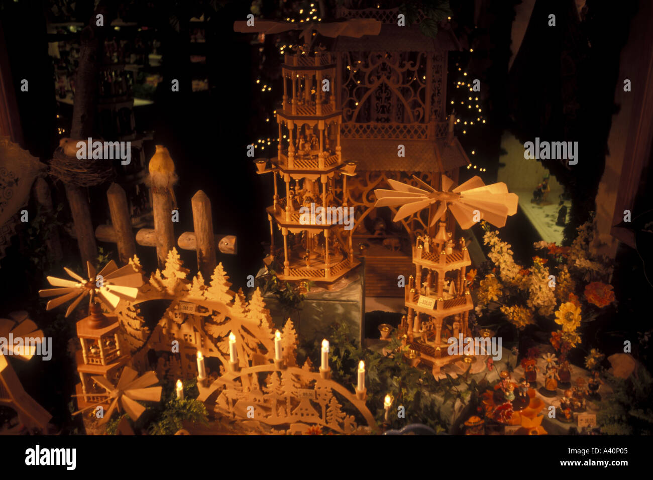 German toy store in Rothenburg lit up at midnight Stock Photo Alamy